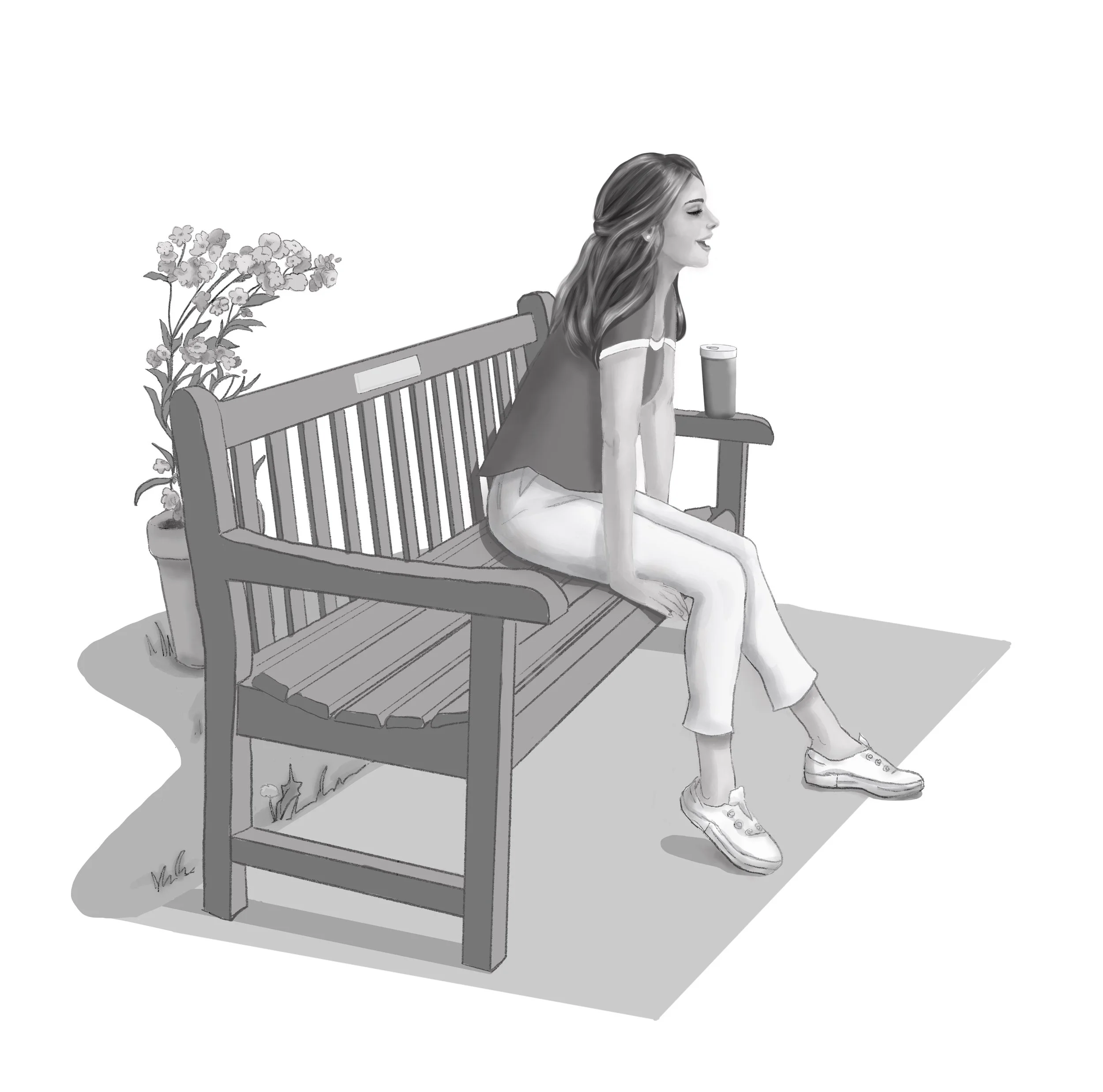 A girl sitting on a park bench with a drink beside her, singing and looking to the right, with flowers growing behind the bench.