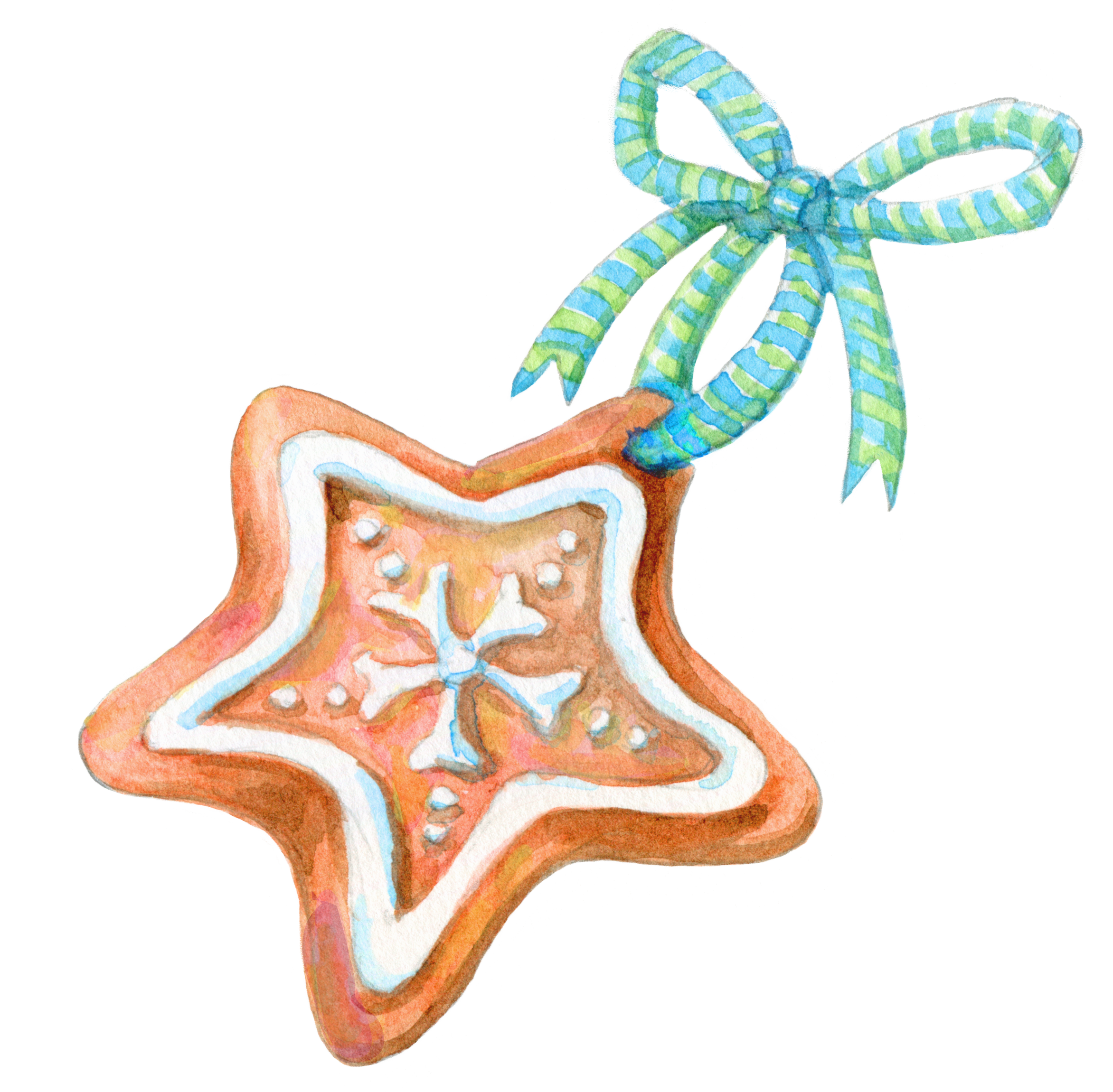 Colorful watercolor illustration of a gingerbread star cookie on a ribbon.