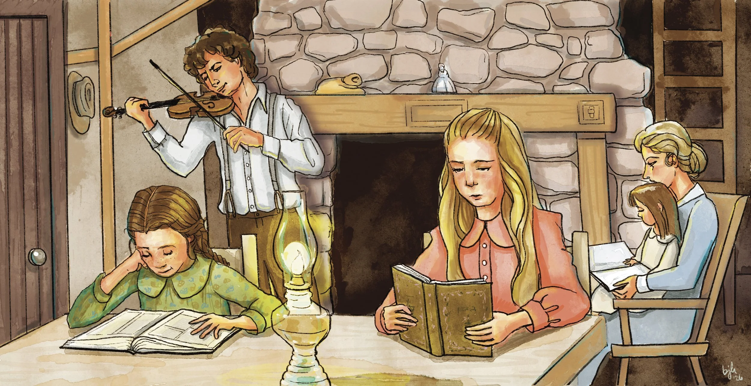 A watercolor illustration of a cozy room with a stone fireplace and several girls reading books and resting. One man is playing the violin. Little House on the Prairie scene.