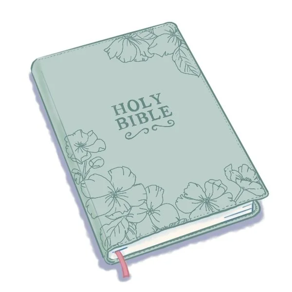 A light green Holy Bible with floral patterns on the cover and a pink ribbon bookmark.