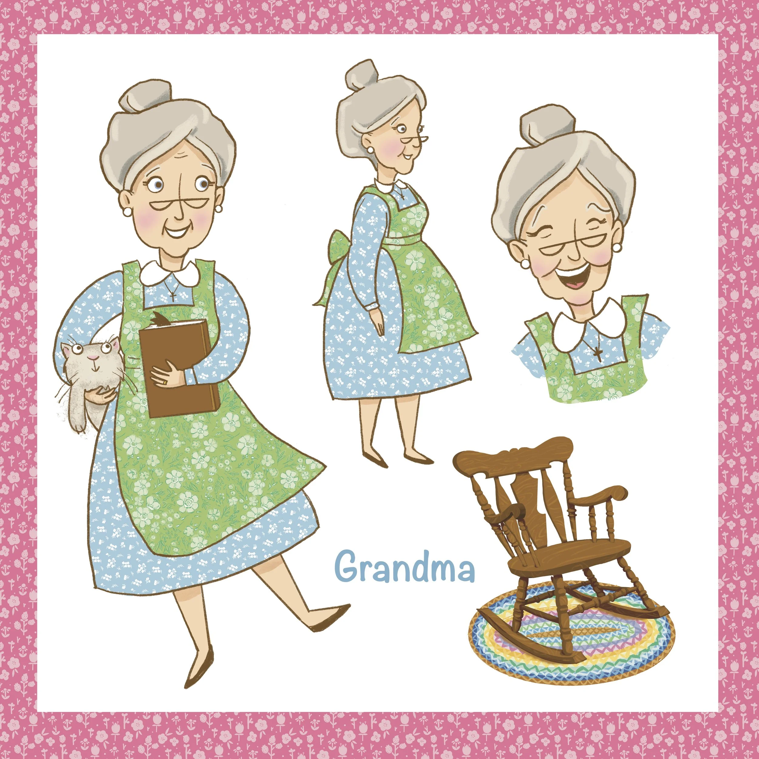 Illustration of three elderly women with gray hair, wearing dresses with floral patterns, and aprons. One woman is holding a clipboard with a cat, and a rocking chair is on the ground. The background has a pink floral border, and the text "Grandma" is at the bottom.