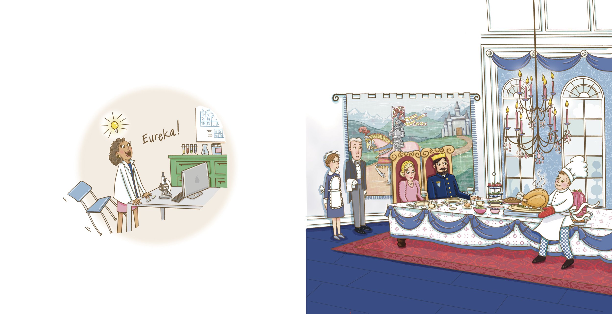 A girl in a lab coat excitedly exclaims 'Eureka!' in a science lab with test tubes, a microscope, and a computer. On the right, a royal family sits at a decorated table with a chef carving a roasted turkey, while a woman in a maid's outfit stands nearby, and a large window and chandelier decorate the room.