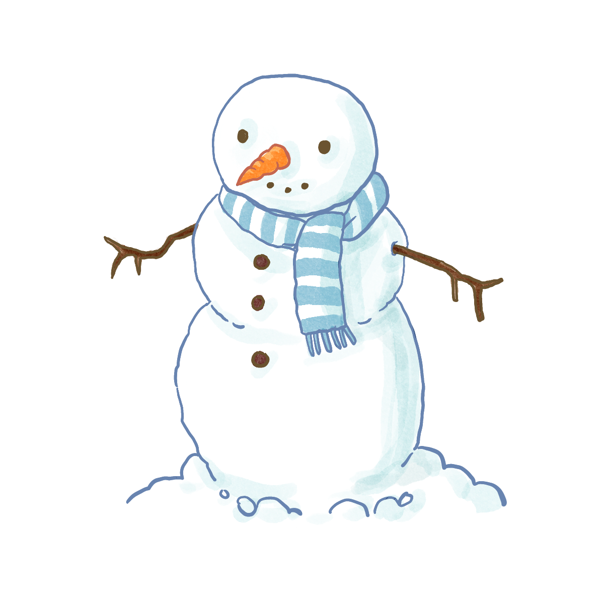 A snowman wearing a light blue striped scarf with a carrot nose and small black eyes and mouth.