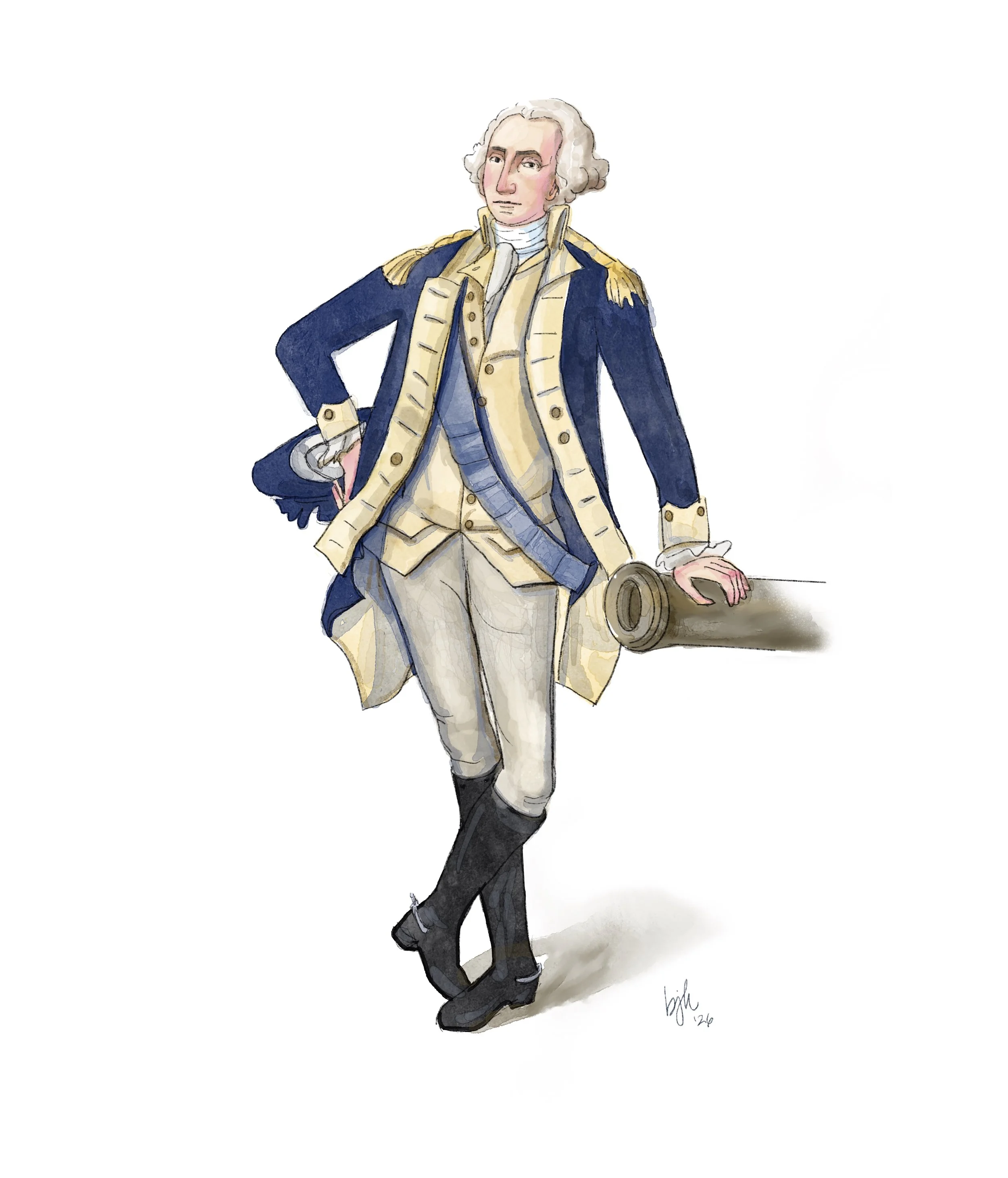 A watercolor illustration of George Washington, a historical man dressed in an 18th-century military uniform with a navy coat, cream waistcoat, and gray breeches, standing confidently with hand on hip and on a canon.