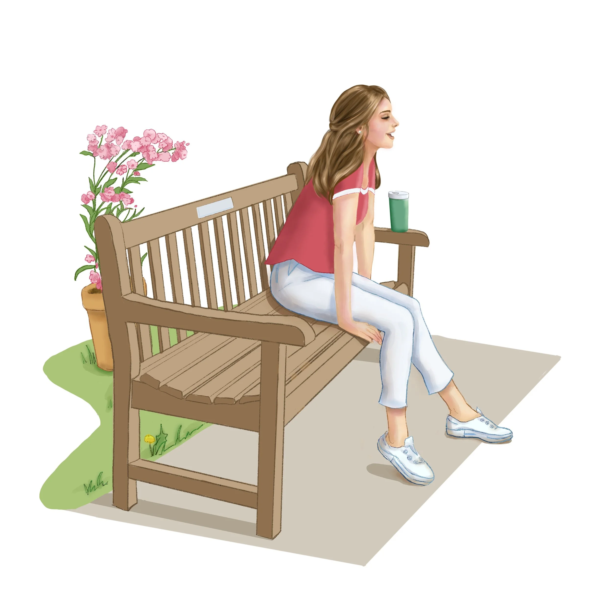 A woman with long brown hair sitting on a wooden park bench, singing, wearing a pink top and white pants, with a green cup beside her, and pink flowers in a pot behind the bench.