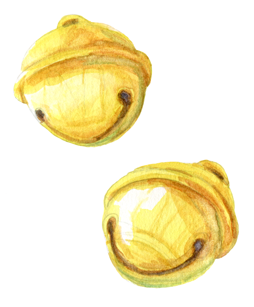 Watercolor painting of yellow jingle bells for Christmas.