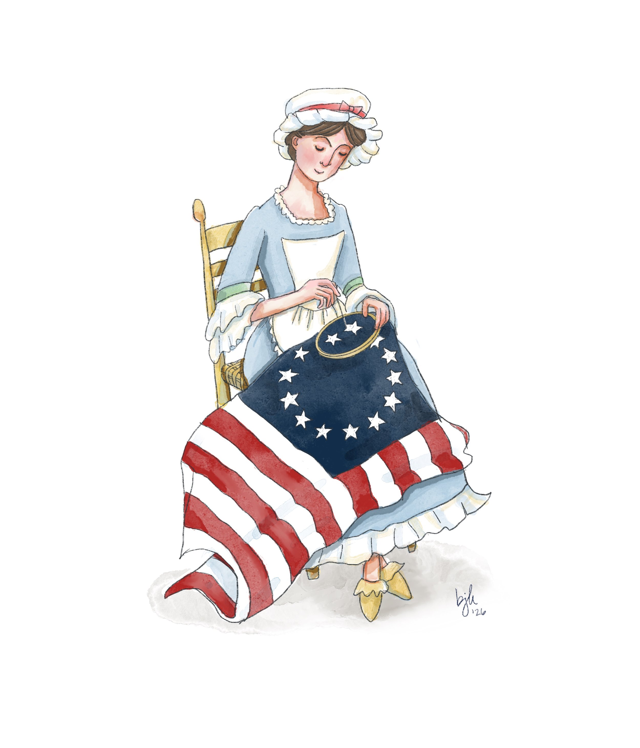 Watercolor illustration of Betsy Ross dressed in patriotic American clothing sitting on a yellow chair, holding a star-shaped object, with an American flag-themed skirt, white shoes with yellow ruffles, and wearing a white bonnet with a red ribbon.