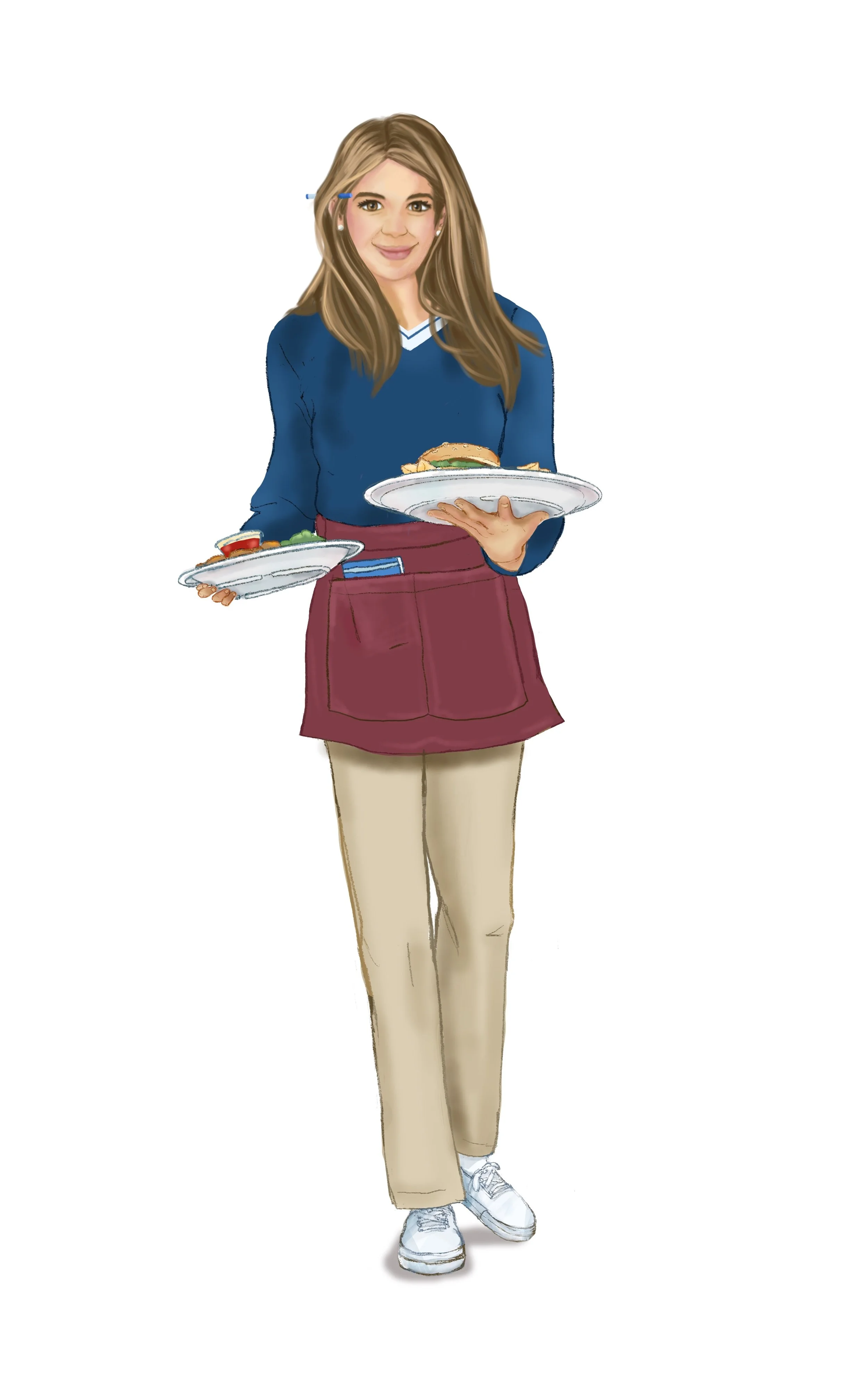 A woman in a blue sweater, beige pants, white sneakers, and a maroon apron, holding plates of food, smiling
