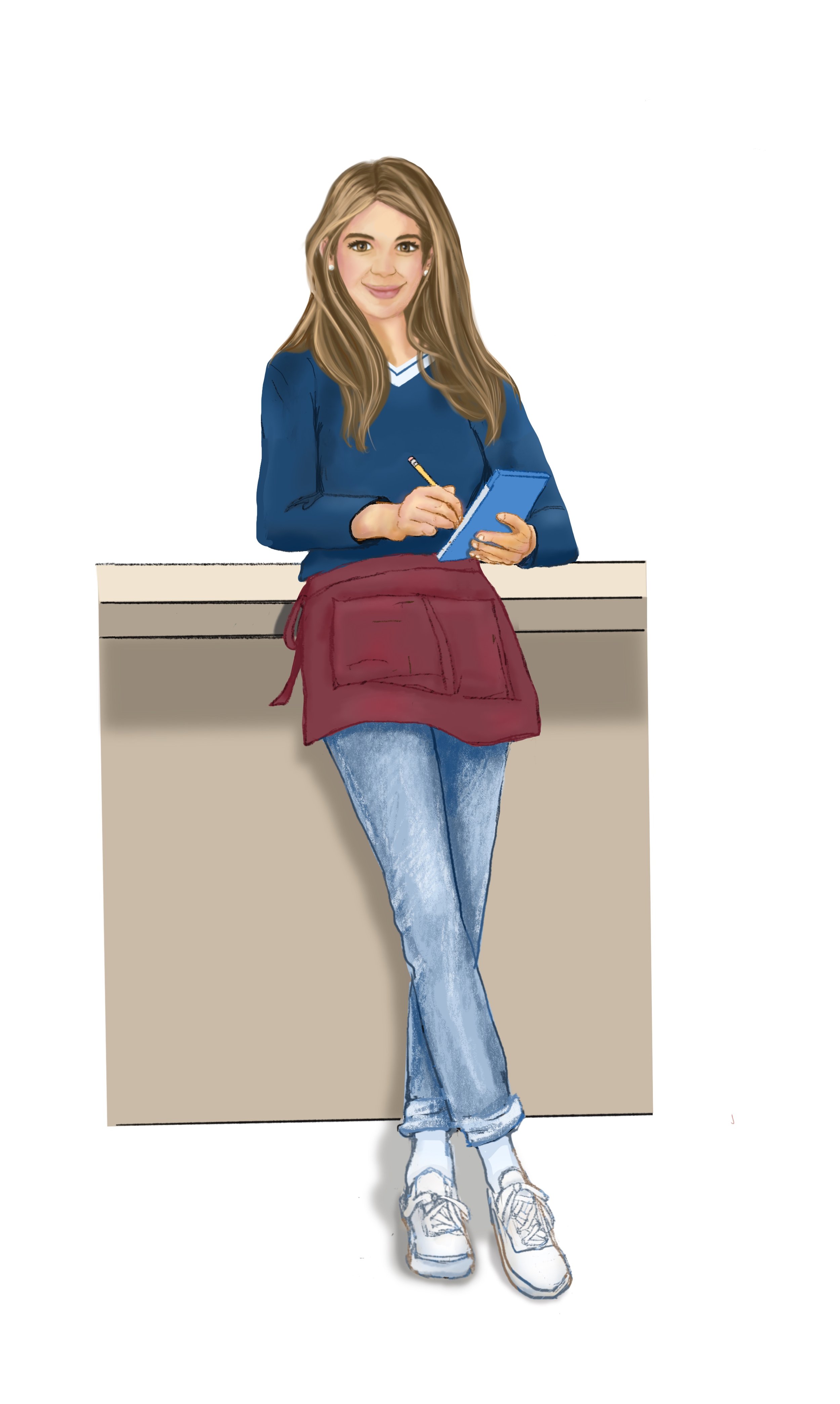 Young woman with long brown hair, wearing a blue sweater, light-wash jeans, white sneakers, a maroon apron, and holding a pencil and a blue notebook, standing against a neutral background.