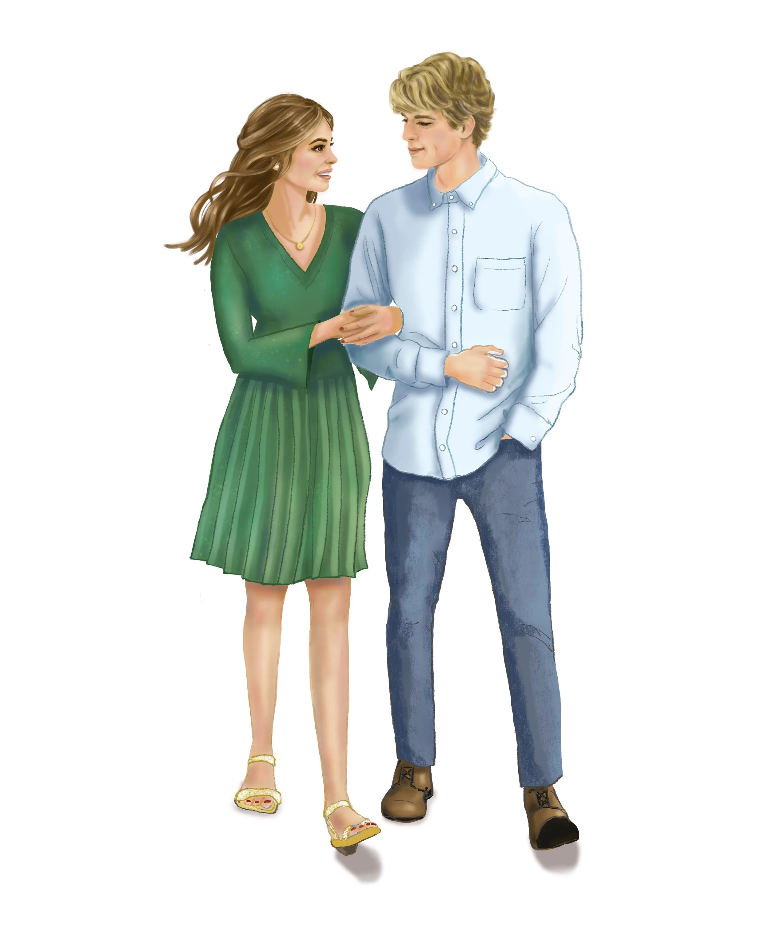 A young man and woman are walking together, holding hands, and looking at each other affectionately. The woman is wearing a green dress with a pleated skirt and yellow sandals, while the man is dressed in a light blue button-up shirt and jeans with brown shoes.