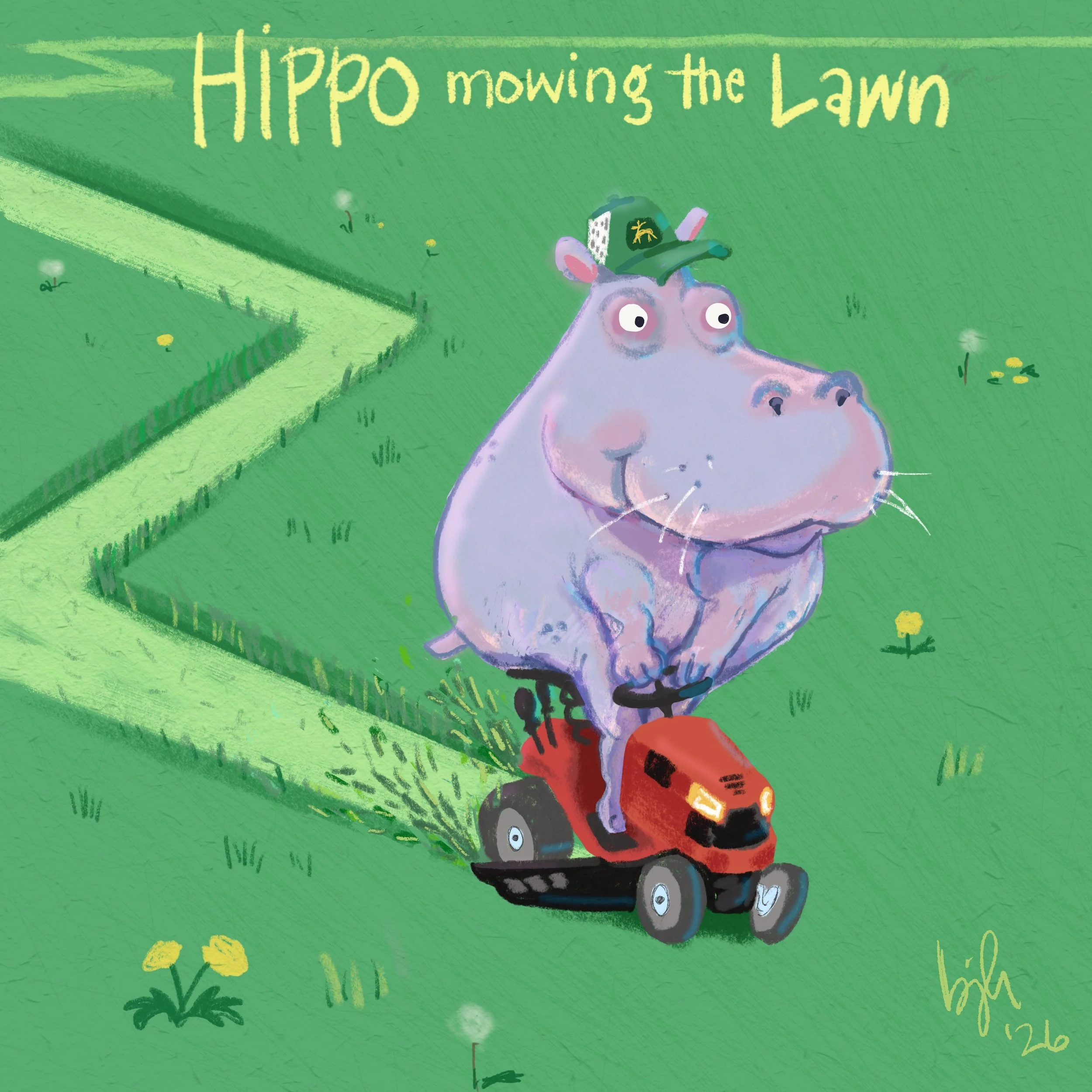 "Hippo mowing the Lawn"