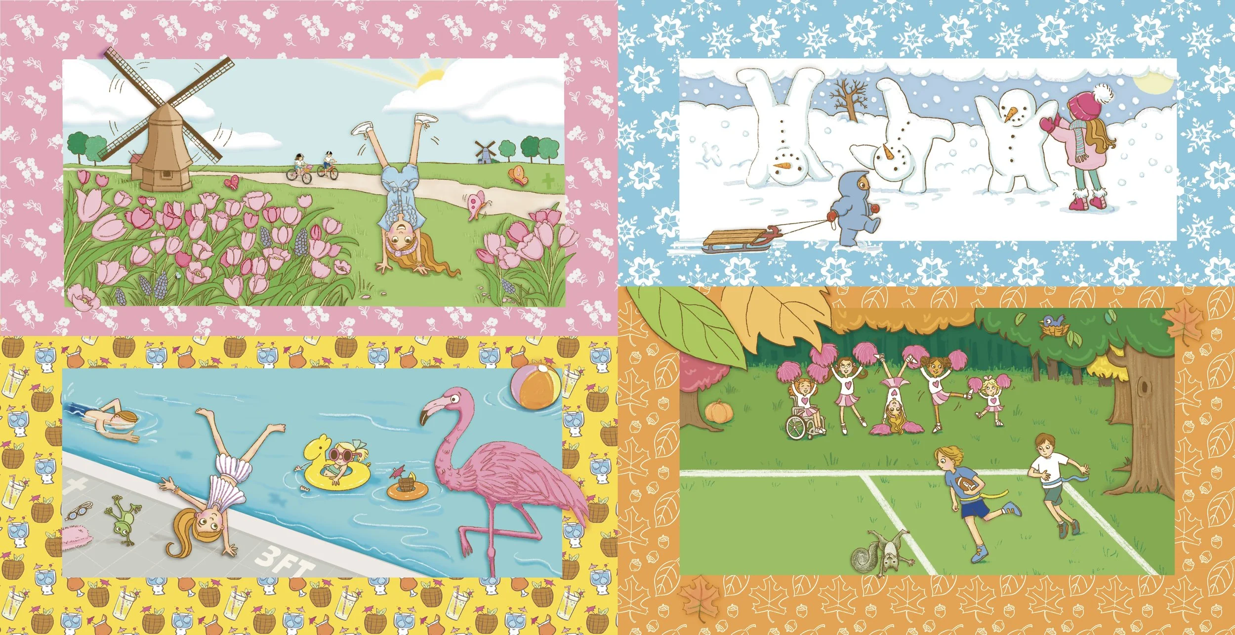 Collage of four colorful illustrations of children engaging in various outdoor activities. Top left shows a girl doing a handstand near a windmill in a field of pink tulips; top right features kids building snowmen and a sleigh; bottom left depicts children swimming and relaxing by a pool with a pink flamingo; bottom right shows cheerleaders practicing on a field with trees and autumn leaves.