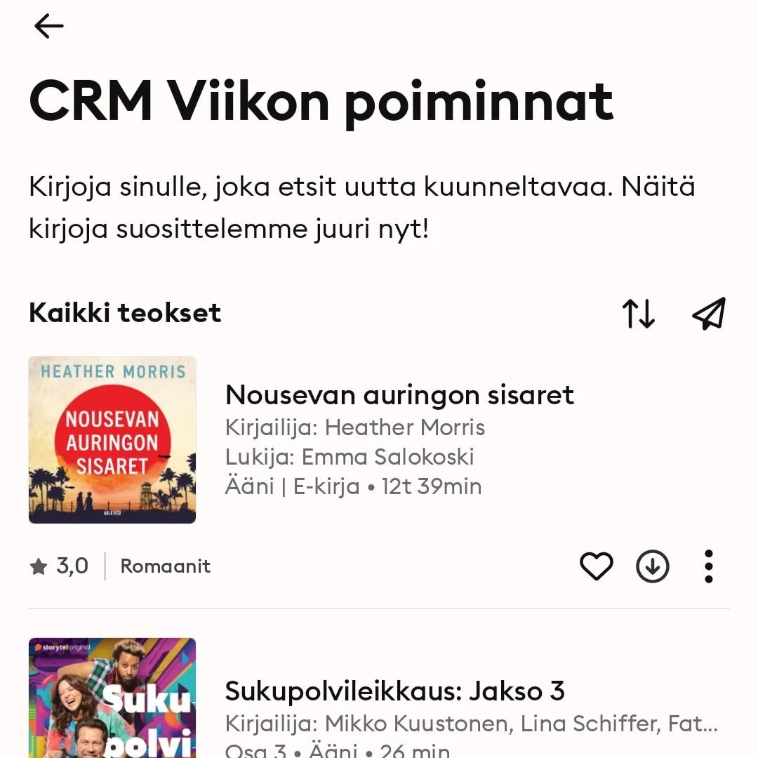 Storytel rehellisen&auml;: n&auml;m&auml; valinnat sinulle tarjoilee asiakkuudenhallintaj&auml;rjestelm&auml;mme.