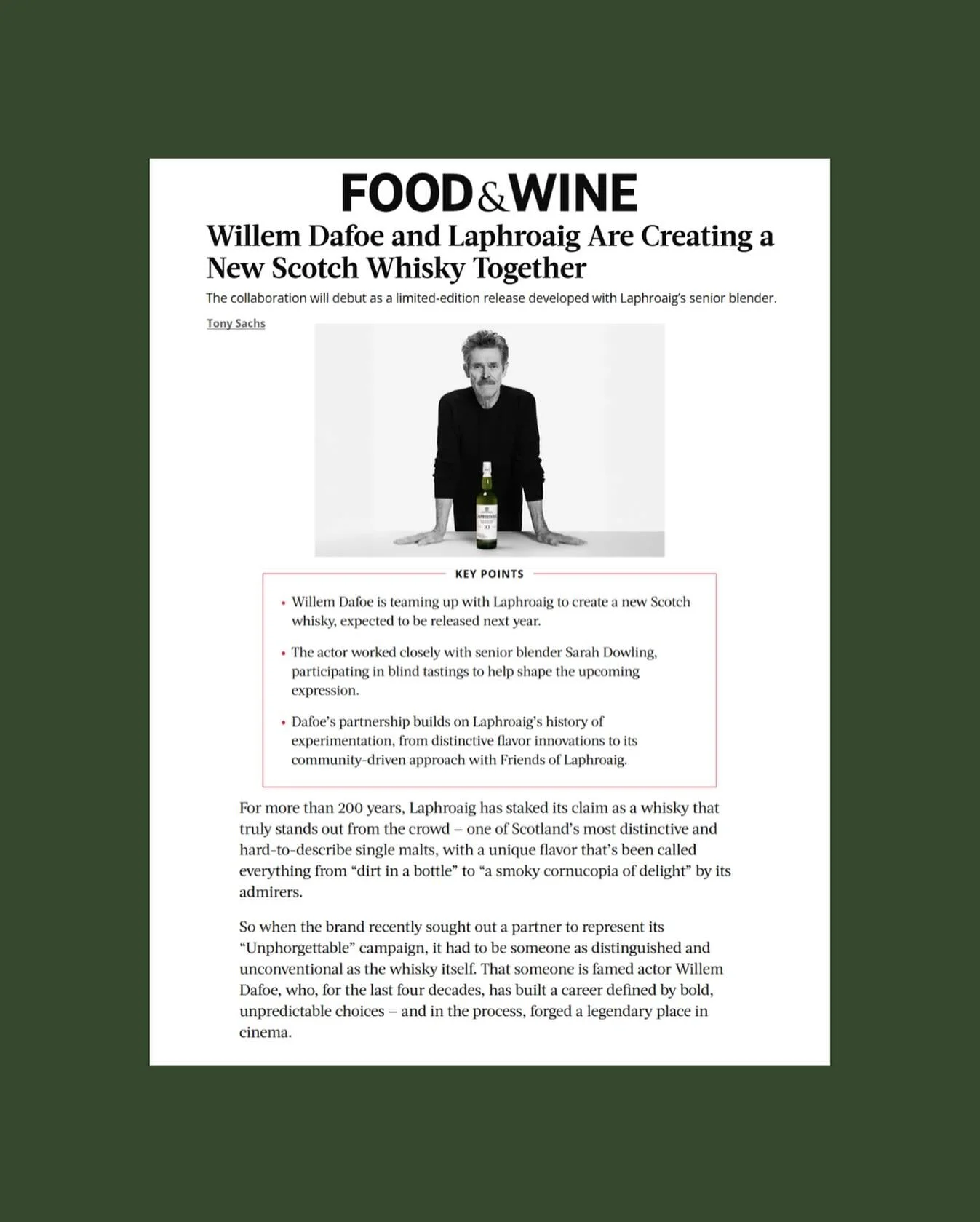 Food &amp; Wine spotlights actor Willem Dafoe&rsquo;s partnership with @laphroaig 🥃✨ The upcoming limited-edition Scotch whisky blends bold flavor with bold storytelling. Excited to see this collaboration getting the recognition it deserves!