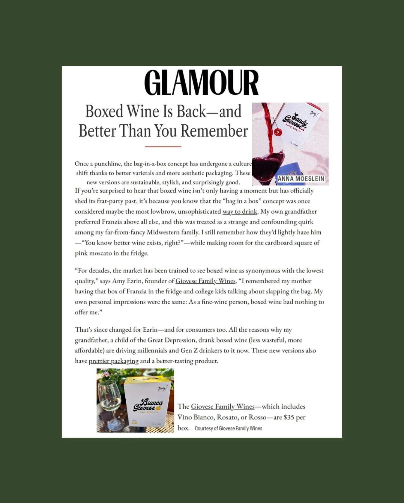 Boxed wine is back 😉 &mdash; and better than ever! ✨🍷

@glamourmag gives a toast to @sandygiovese for refining what&rsquo;s in the box.

#savonacommunications #sandygiovese