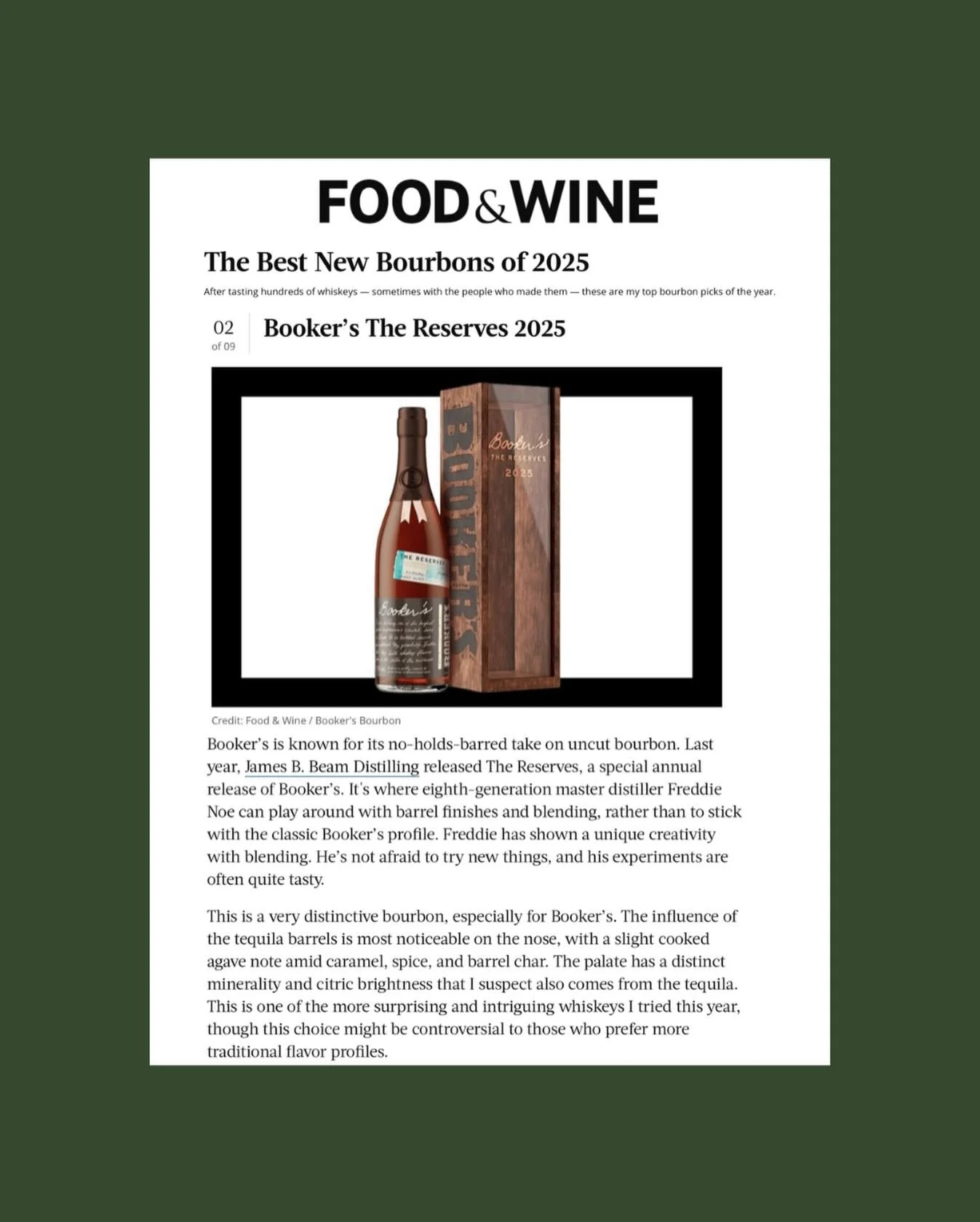 Best of the best ;) Thank you Dylan Ettinger for including Booker&rsquo;s Bourbon The Reserves on your Best Bourbon&rsquo;s List for Food &amp; Wine.

#bookersbourbon #foodandwine #savonacommunications
