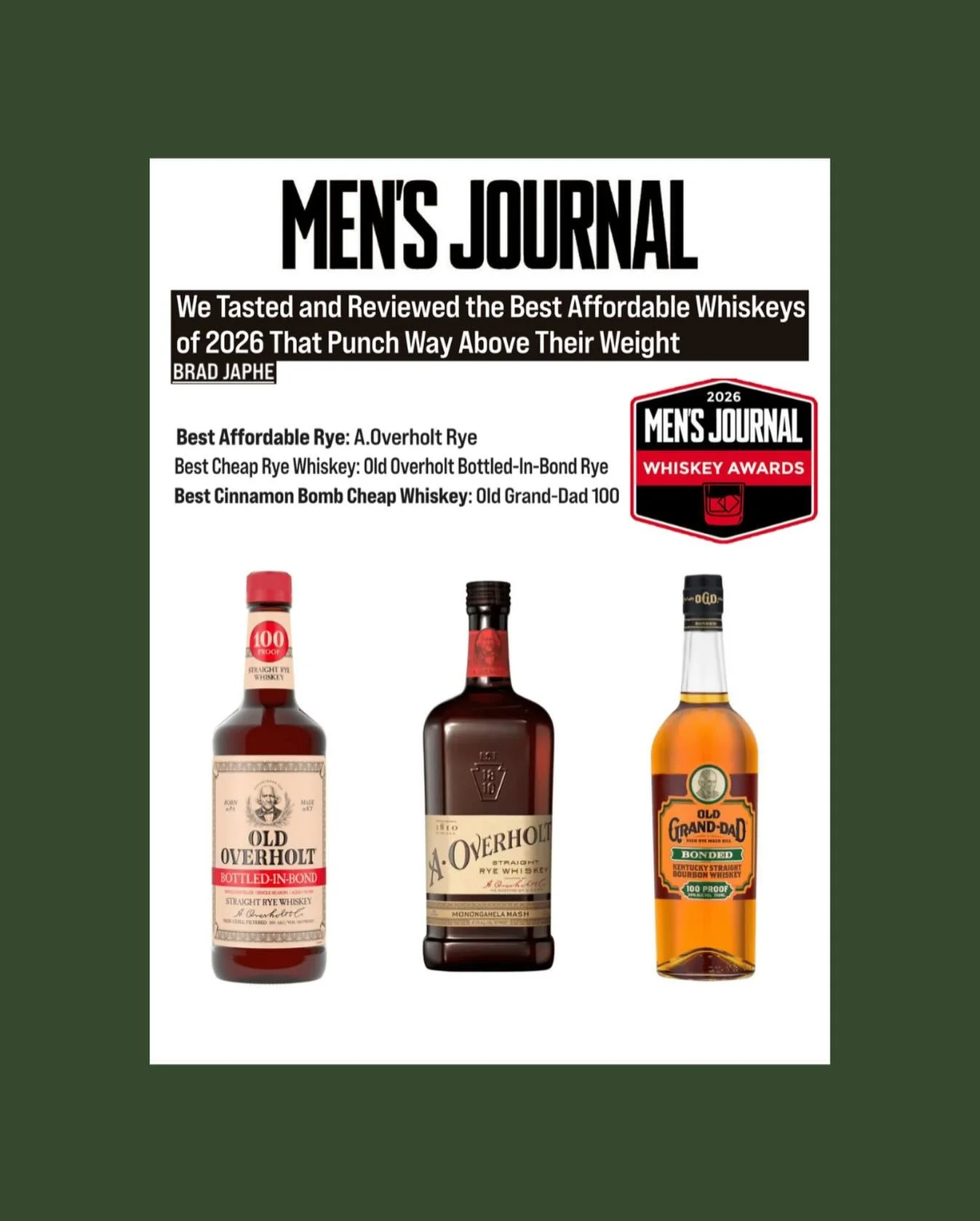 So excited to see our brands recognized at the 2026 @mensjournal Whiskey Awards! 🏆🥃 From Old-Fashioned favorites to standout ryes, we&rsquo;re proud to celebrate these top honors:

Best Bourbons:
- Old Grand-Dad 114 Proof wins &lsquo;Best Bourbon f