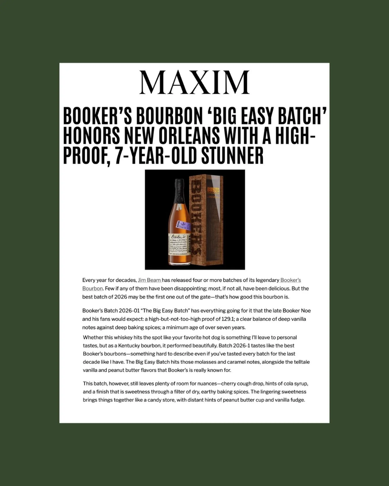 Thank you @gclaywhittaker for featuring the first Booker&rsquo;s Bourbon of the year - The Big Easy batch, a nod to one of Booker Noe&rsquo;s favorite cities, New Orleans.