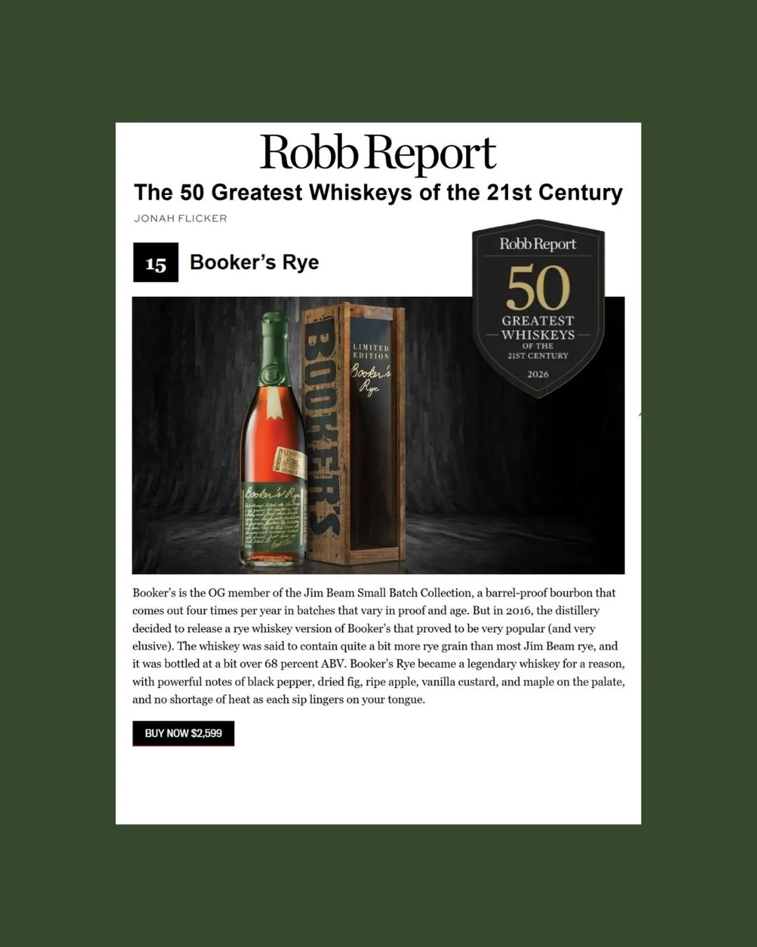 Thank you to @jdflicker for including our beloved brands Booker&rsquo;s, Overholt, and Laphroaig on @robbreport&rsquo;s The 50 Greatest Whiskeys of the 21st Century list. 👏