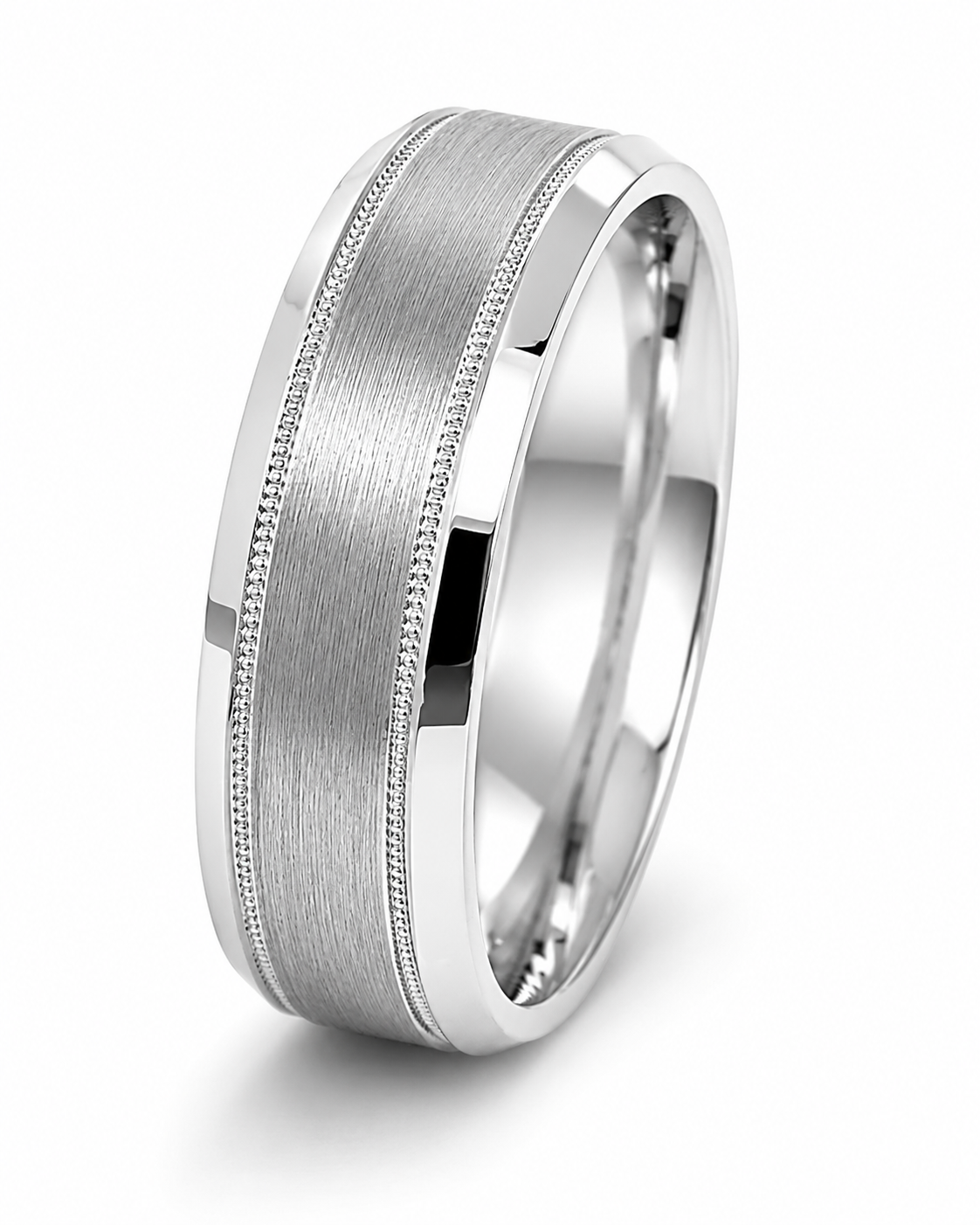 10K White Gold Beveled Band with Brushed Center (7mm)