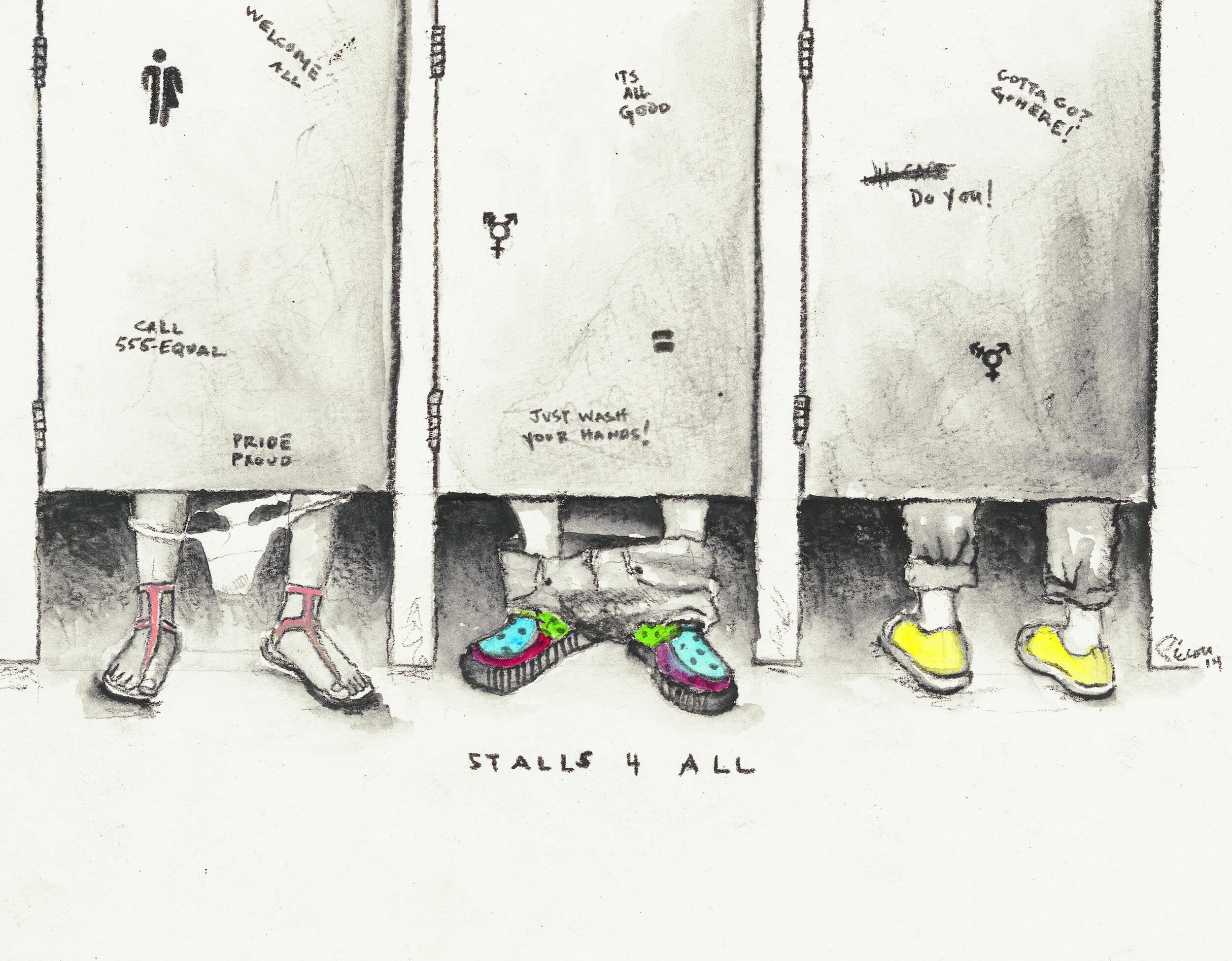 Working with Georgia Equality in 2014, WonderRoot commissioned Fahamu Pecou, Jerushia Graham, and Andre Keichian to design gender neutral signage for Deconstructing Binaries.