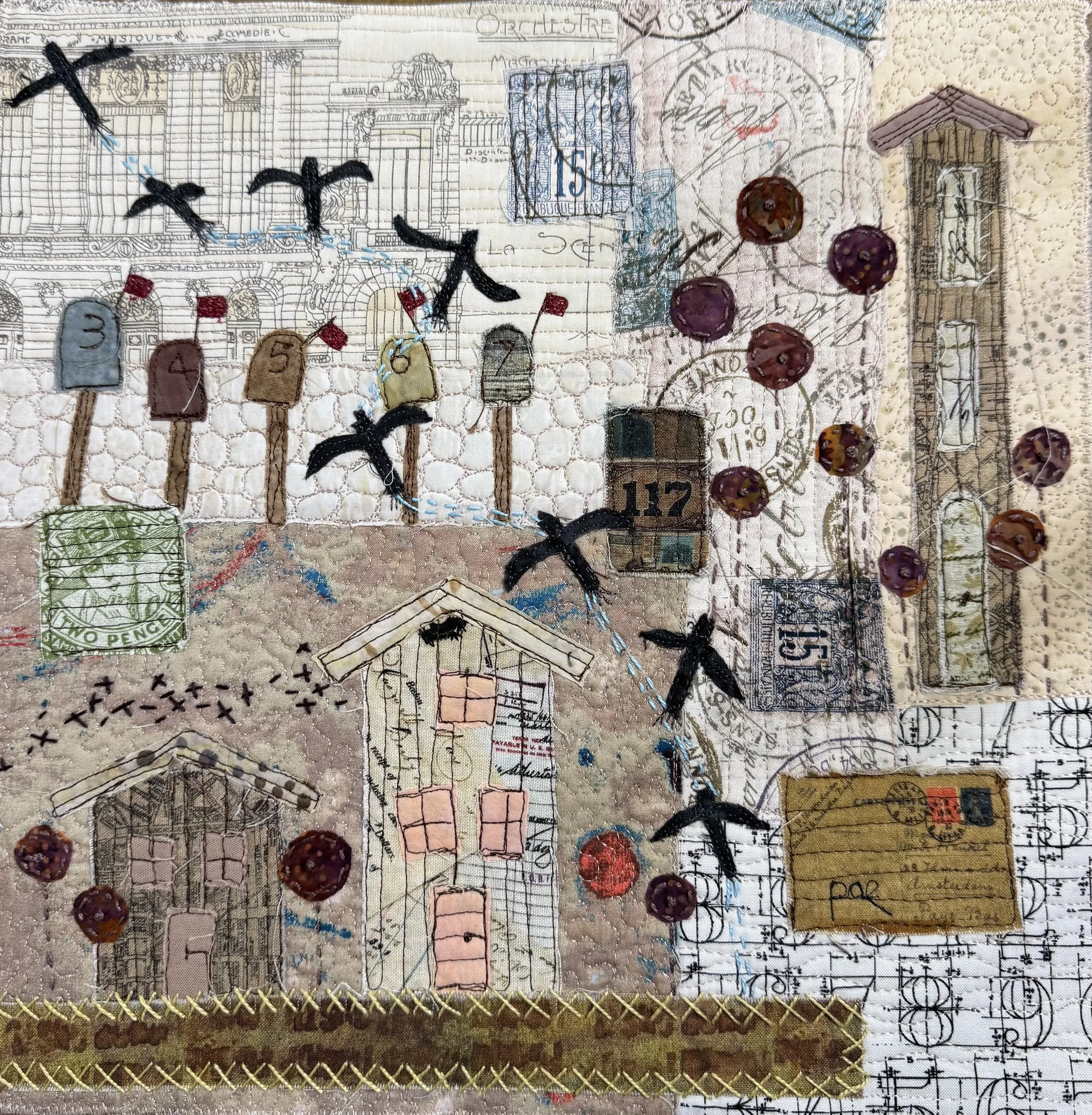 Peggy Epton- Fiber: Fabric and Thread- 12"x 12"- "Where Words Take Wing"- $400