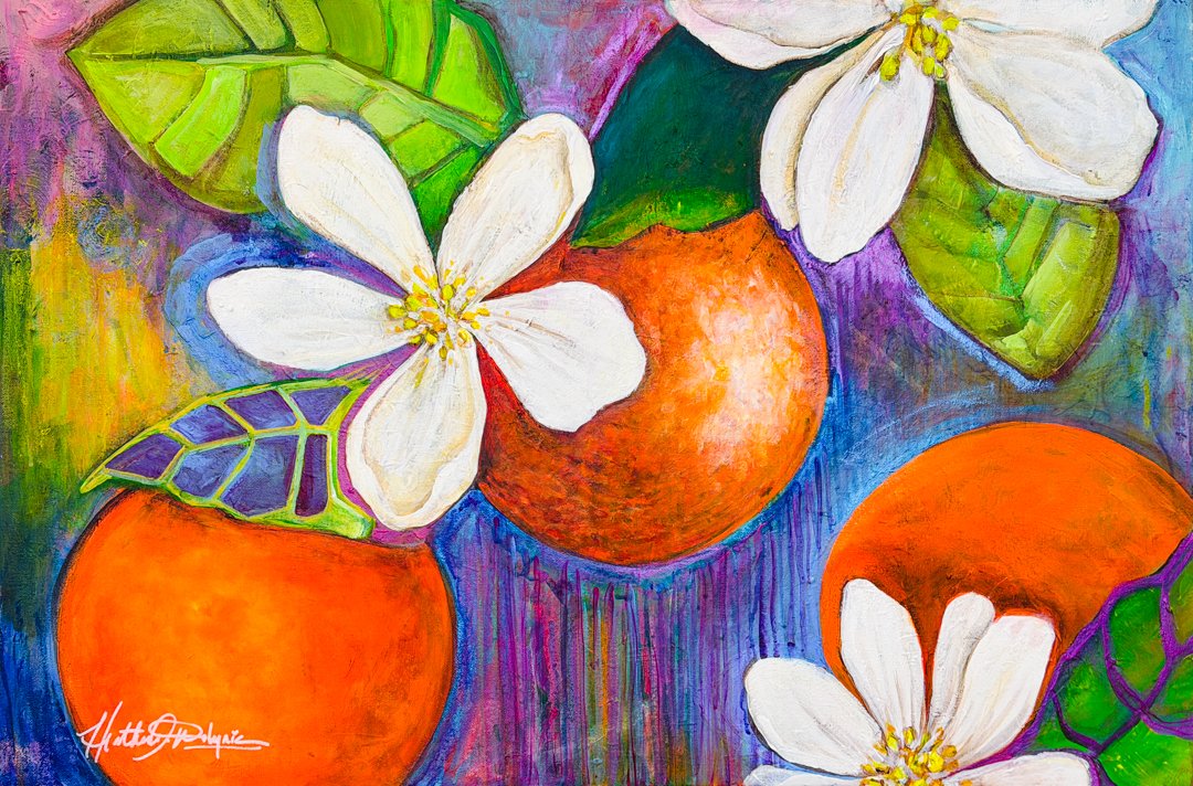 Heather Wolynic; heatherwolynic@gmail.com; acrylic on canvas; 24" x 36"; Orange Crush; 1400; Orange Crush explores the different sides of who we are. The oranges represent energy, passion and confidence, while the delicate blossoms bring in a softer,