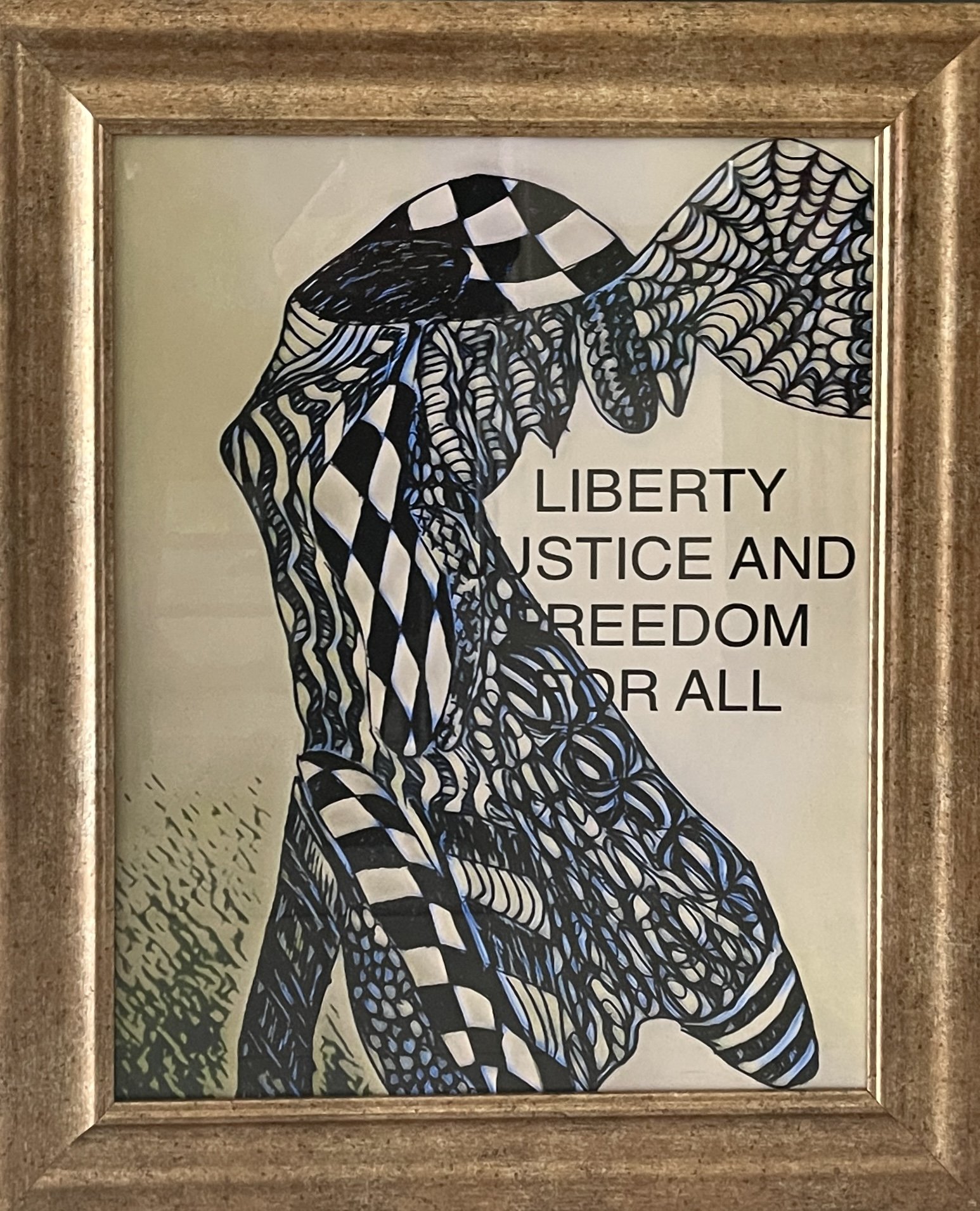 Goddess Nike: Liberty, Justice, and Freedom For All - Kate Weingart - Mixed Media - 25” x 21” x 1” - $500 - kateweingart@yahoo.com