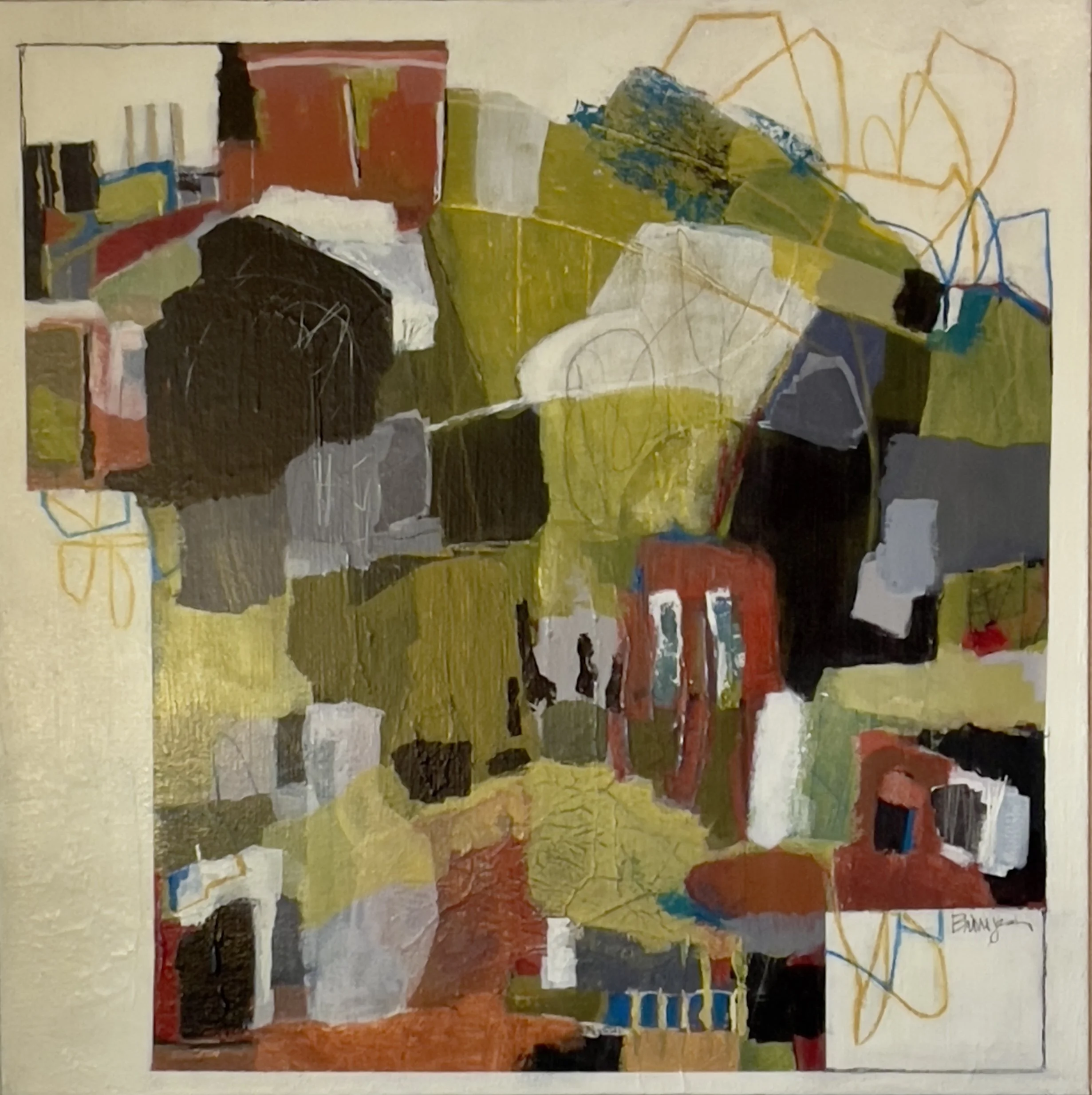 Elizabeth Bhimjee- Acrylic Mixed Media- 24"x24"- "Some Strings Attached"- $1100