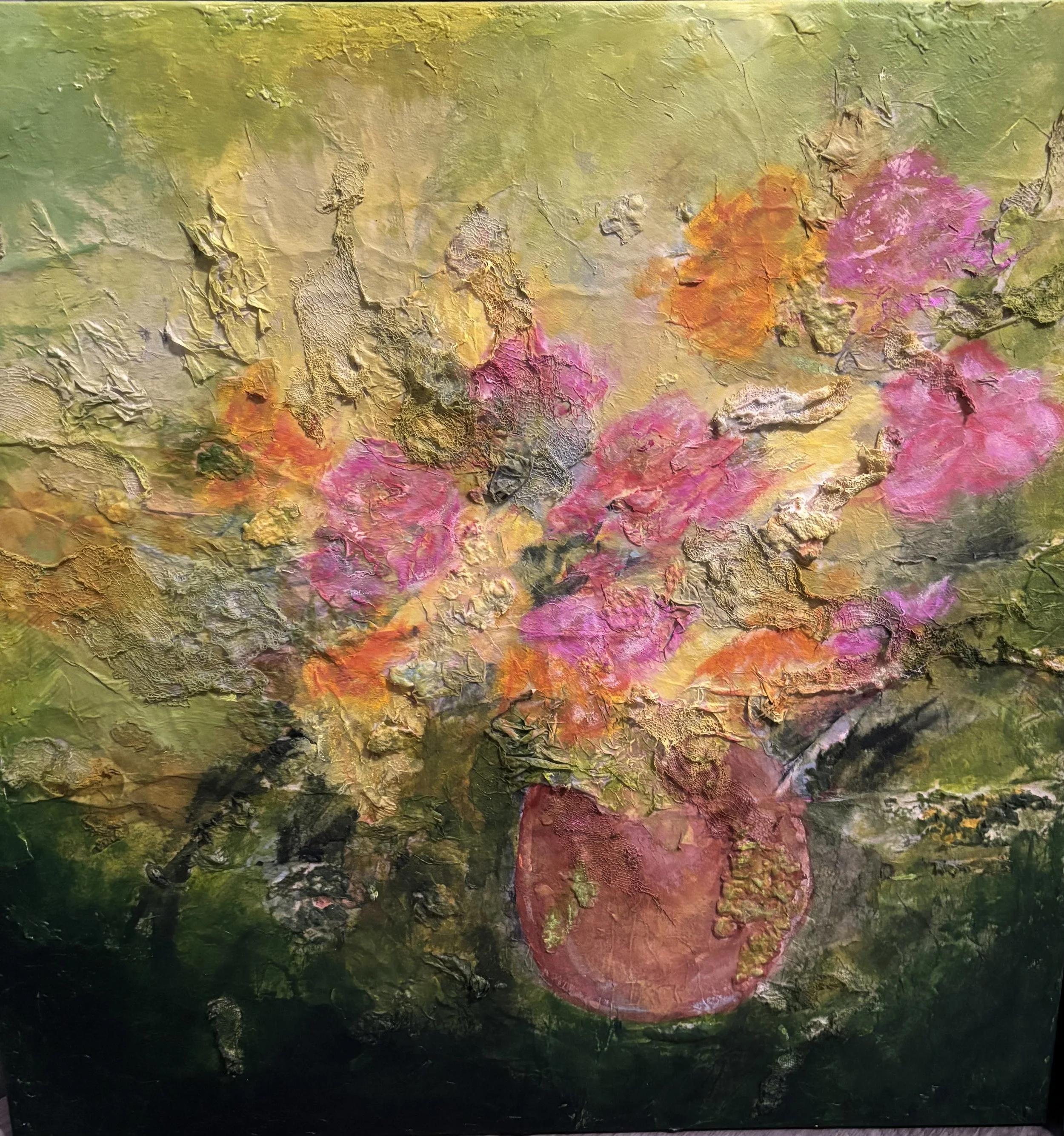 Coco Bevan - Unearthed Blooms - Mixed Media - 24" x 24" x 1.5" - $575 - cocosartwork@gmail.com