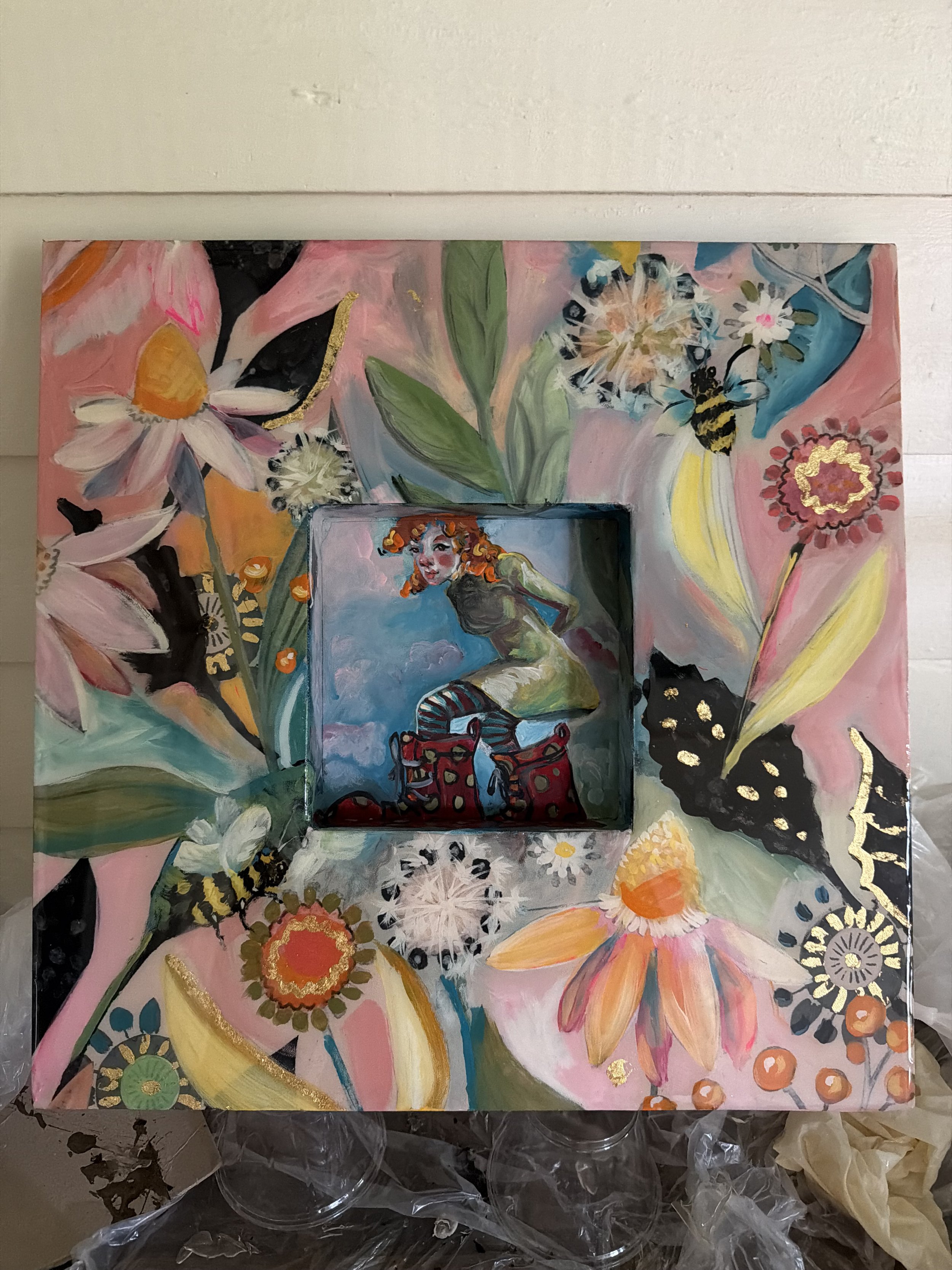 Julie Latayan; juliejstudio@hotmail.com; Acrylic painting; 24x24”; Cherry; 650; Everyone knows me as a sculptor. For the past 12-15 years I have worked mostly in clay.
Until clay- my life was being a painter. In the resent weeks painting is beginning