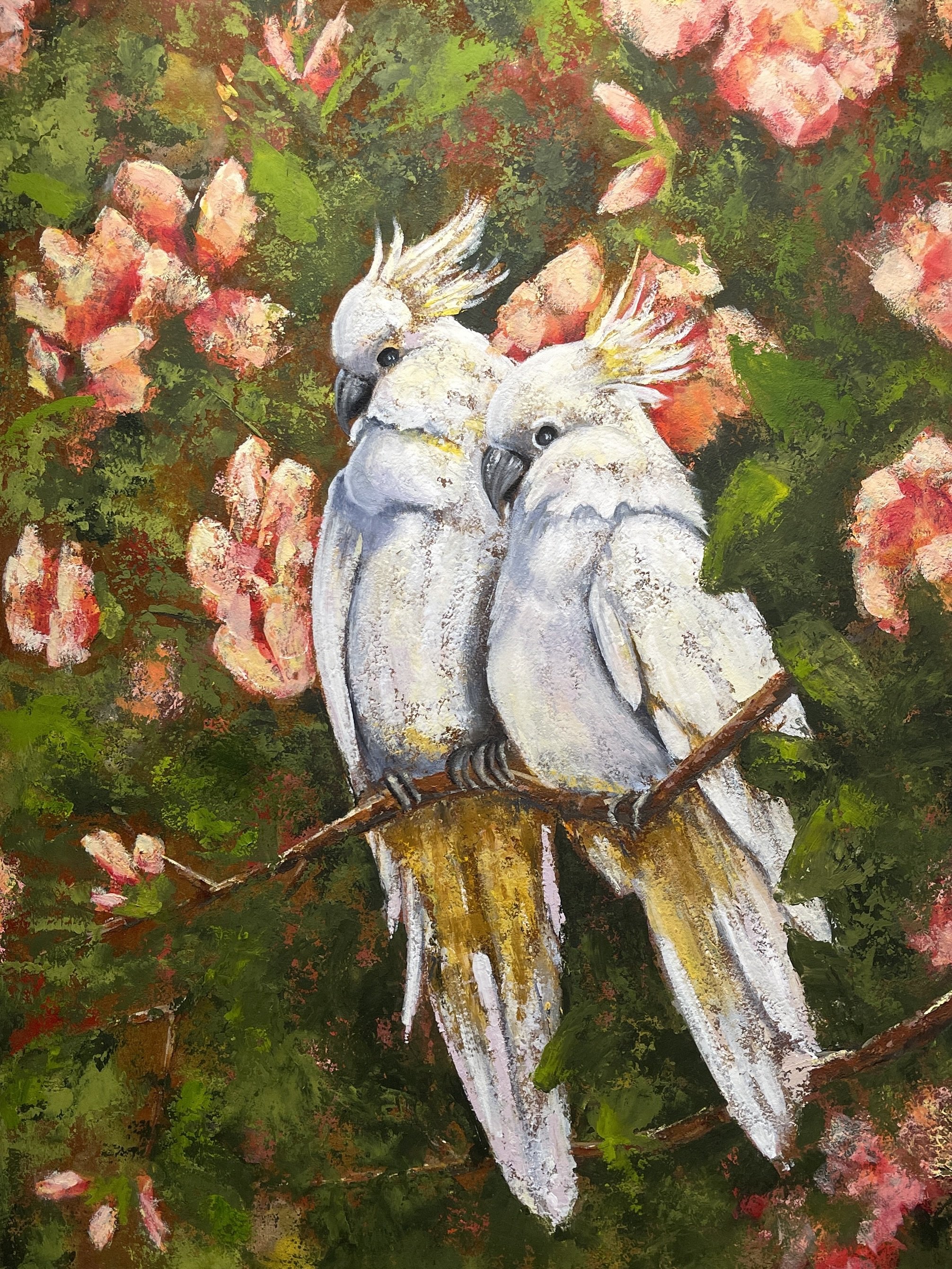Teri Althouse; teri@avanistudios.com; rust, oil, cold wax; 24x36; Petals & Plumes; 1500; This piece explores the "alter ego" through contrasting layers. I used oil and cold wax to create a soft, vibrant surface of nesting cockatoos, but painted it ov