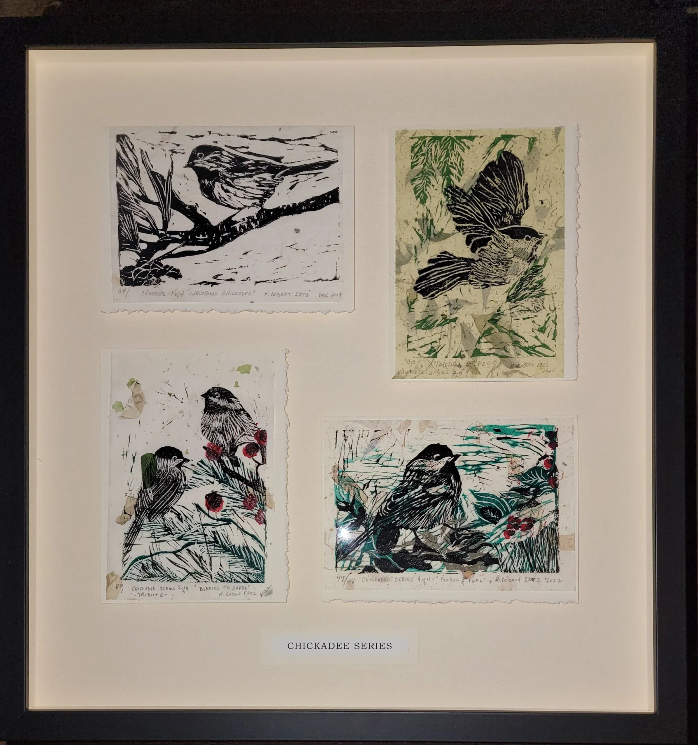 Kathleen Ertz- Acrylic Ink Block Prints- 19 1/4"x18"- "Chickadee Series"- $900