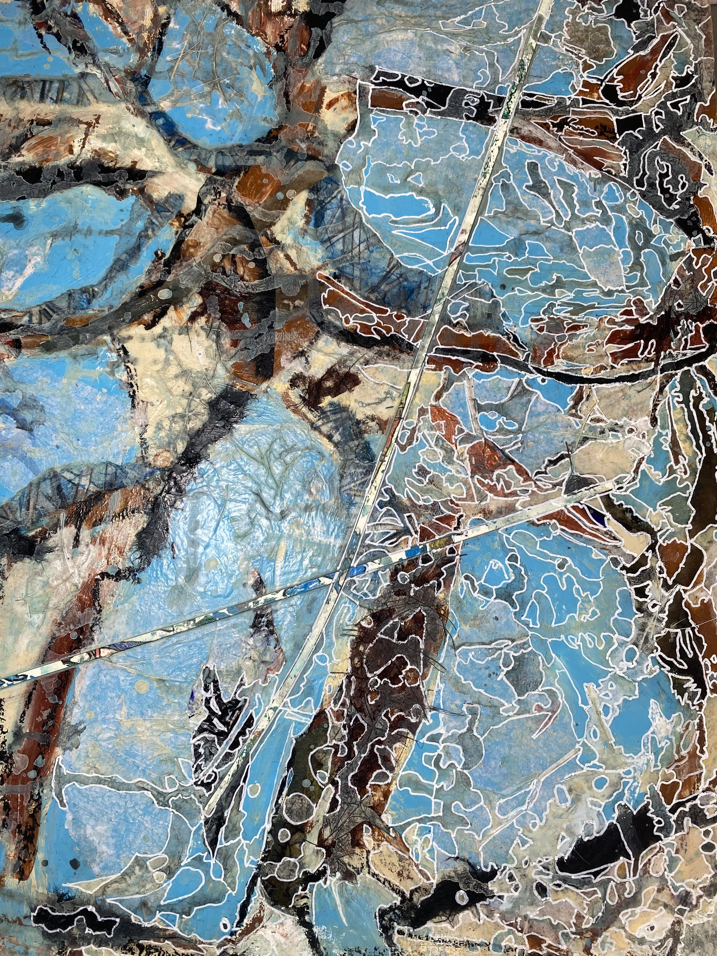 Sandra LaPrall- Acrylic Collage - 19"x19" - "The Jester’s Blue Folly" - $595