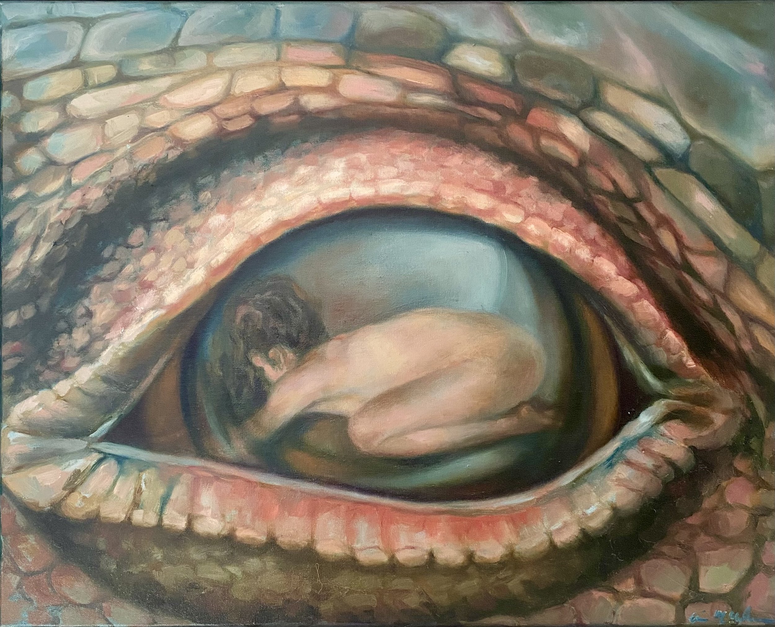 erin mccullough; em_mango2002@yahoo.com; Oil; 25”x35”; Hidden; 550; People often comment on how I appear calm and confident. Easy going. And, while I'm able to enjoy some social interaction, I'm often depleted afterwards. Im hounded by insecurities a