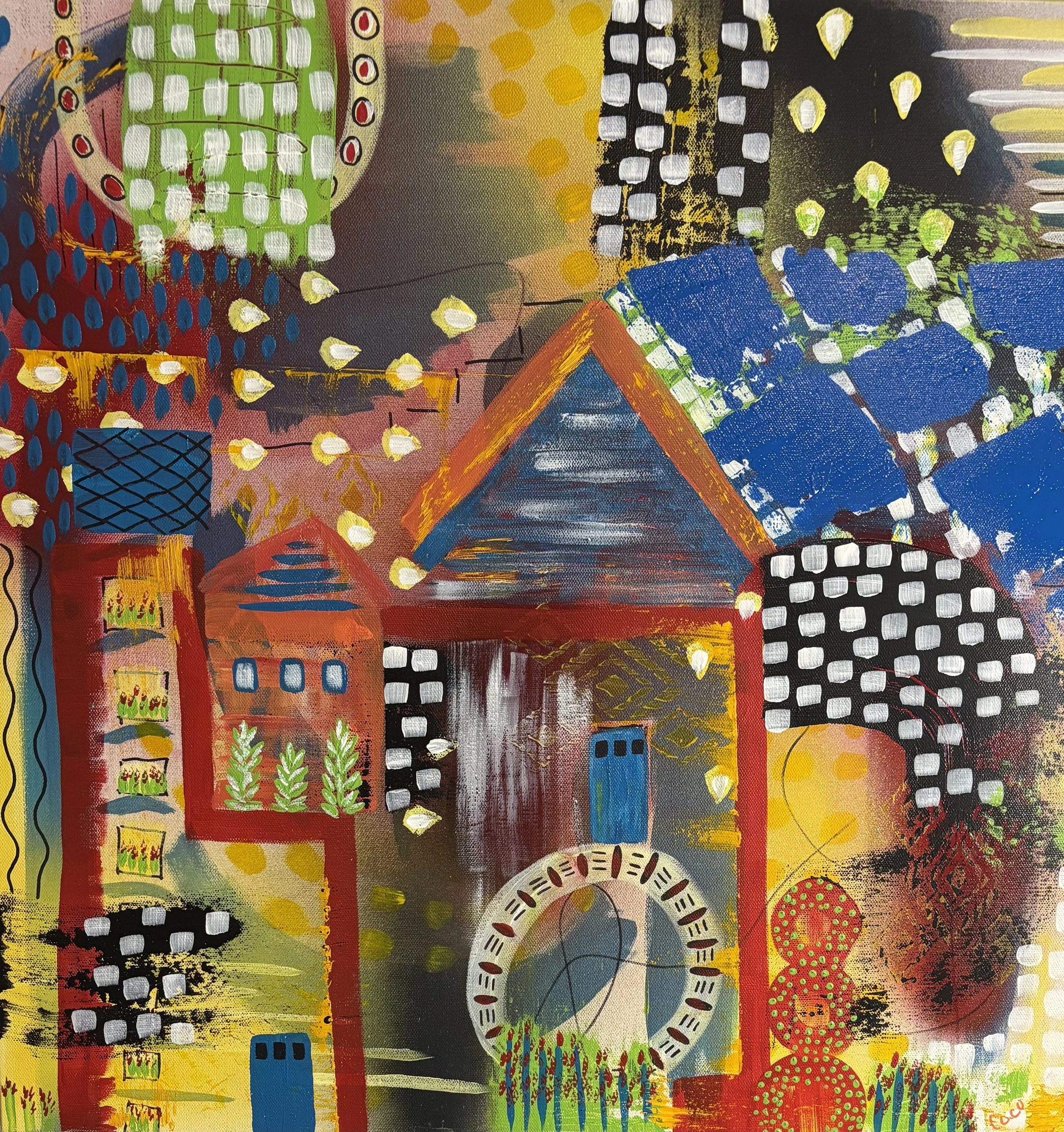 Coco Bevan- Acrylic Mixed Media- 24"x24"x1.5"- "Where Belonging Gathers"- $575