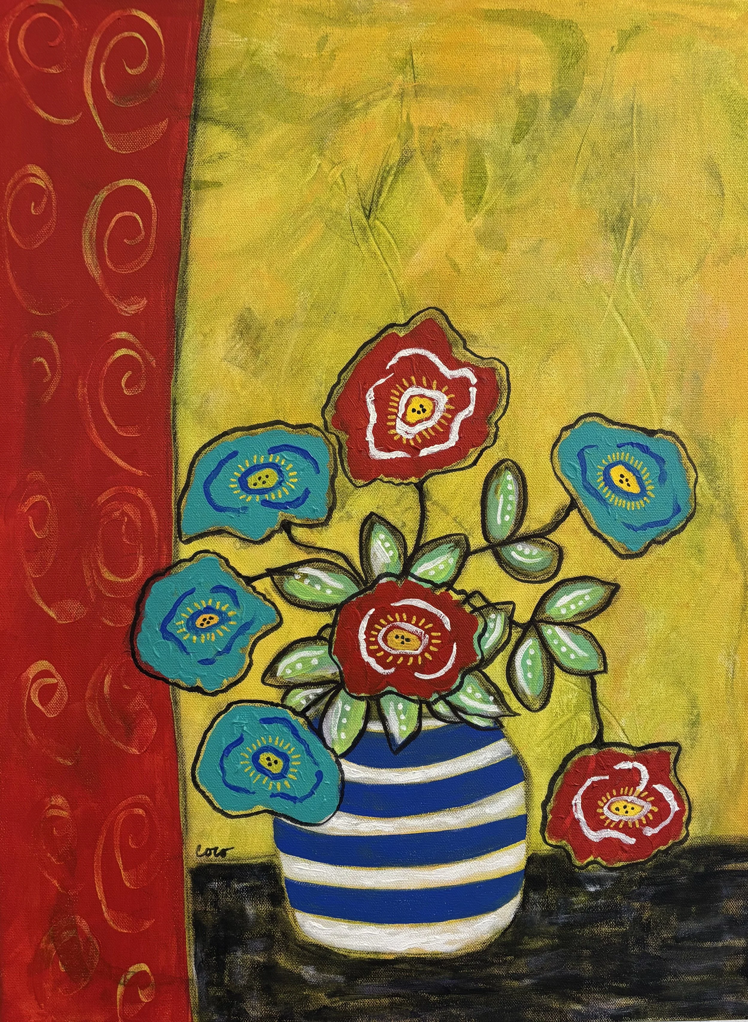 Happy Flowers, Coleen Bevan, Acrylic mixed, 18” x 24”, $400, cocosartwork@gmail.com