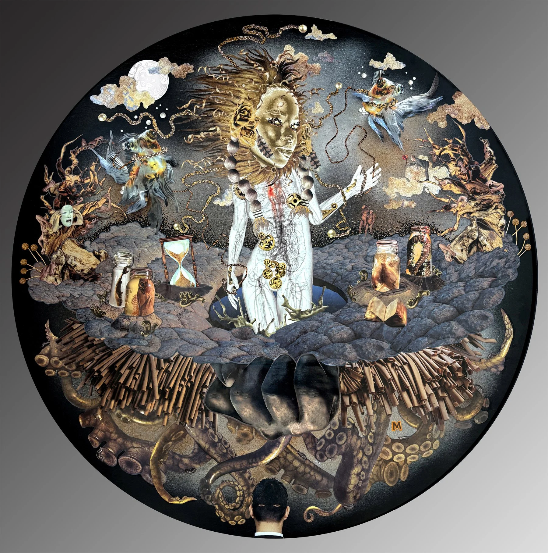 Everything That Rises Must Glow, Melissa Parra Morrow, Analog Collage, Mixed Media, 22” diameter, $840, wildthingstudiosart@gmail.com