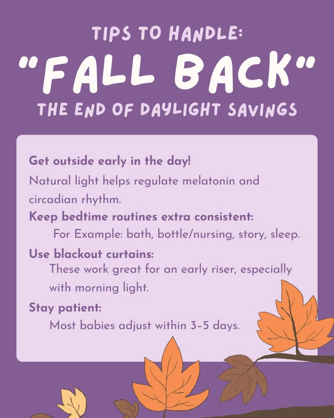While we technically gain an hour... your baby&rsquo;s body clock might not agree! Use these tips to help adjust their rhythm. 🌞💤

#fallback #gettingbackintoroutine #sleeptight #bedtime