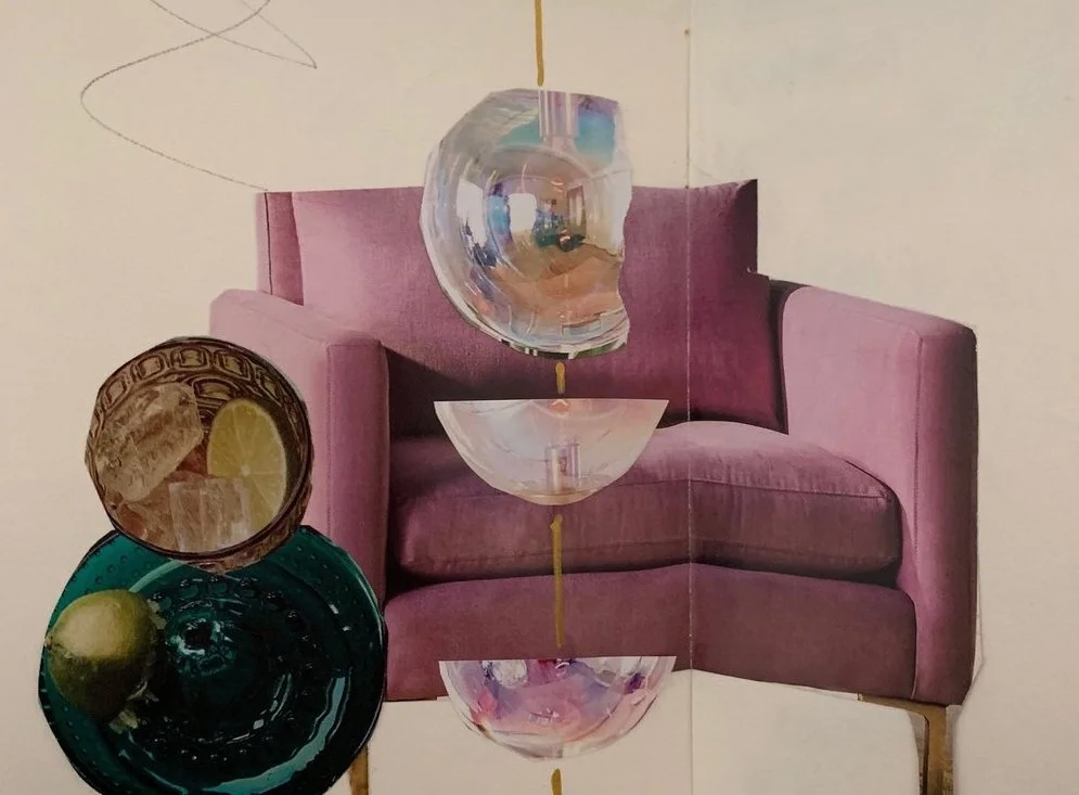 An art collage featuring a pink armchair, floating glass cups with colorful reflections, and lemons.