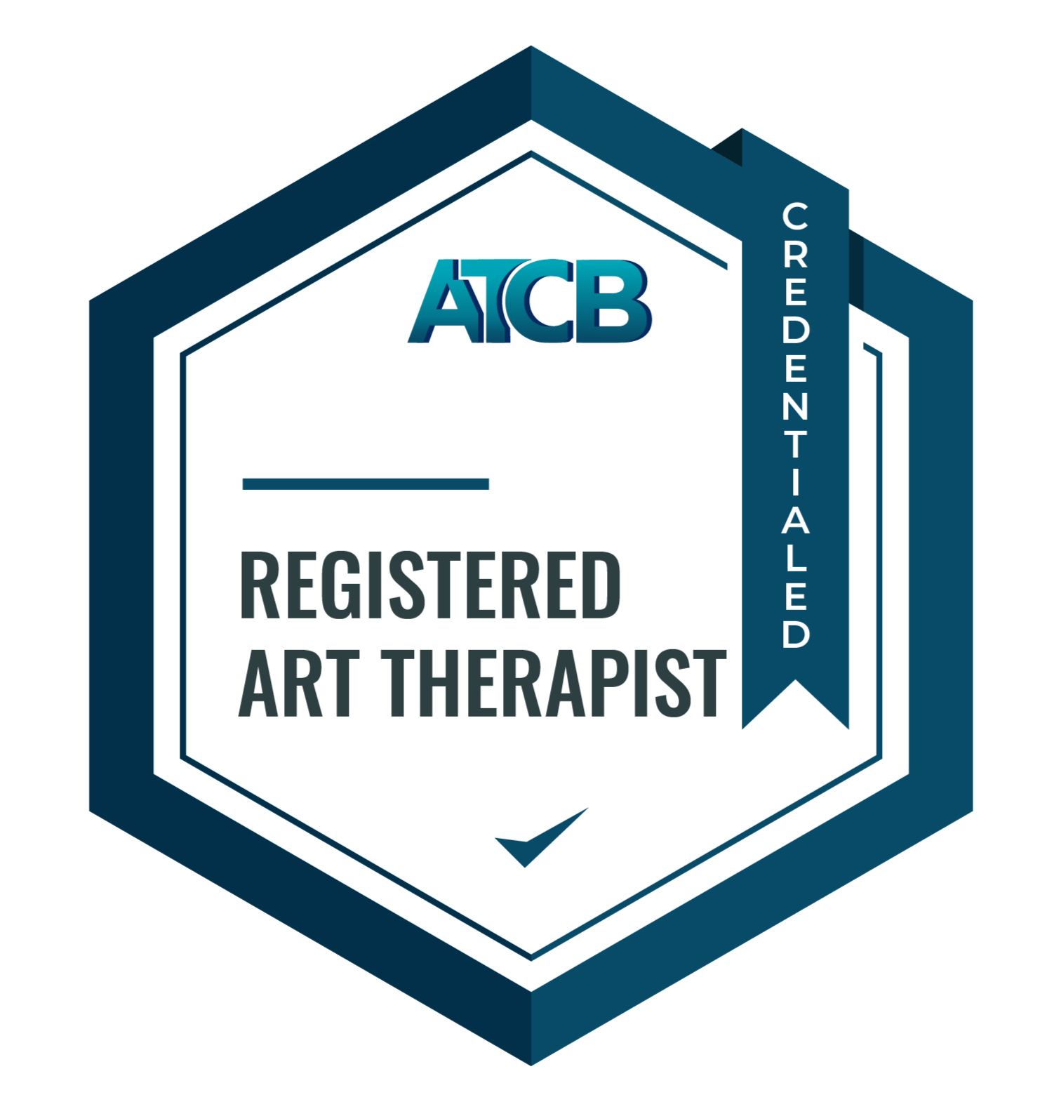 Badge with text reading 'ACB Registered Art Therapist' and a blue ribbon labeled 'Credentialed'