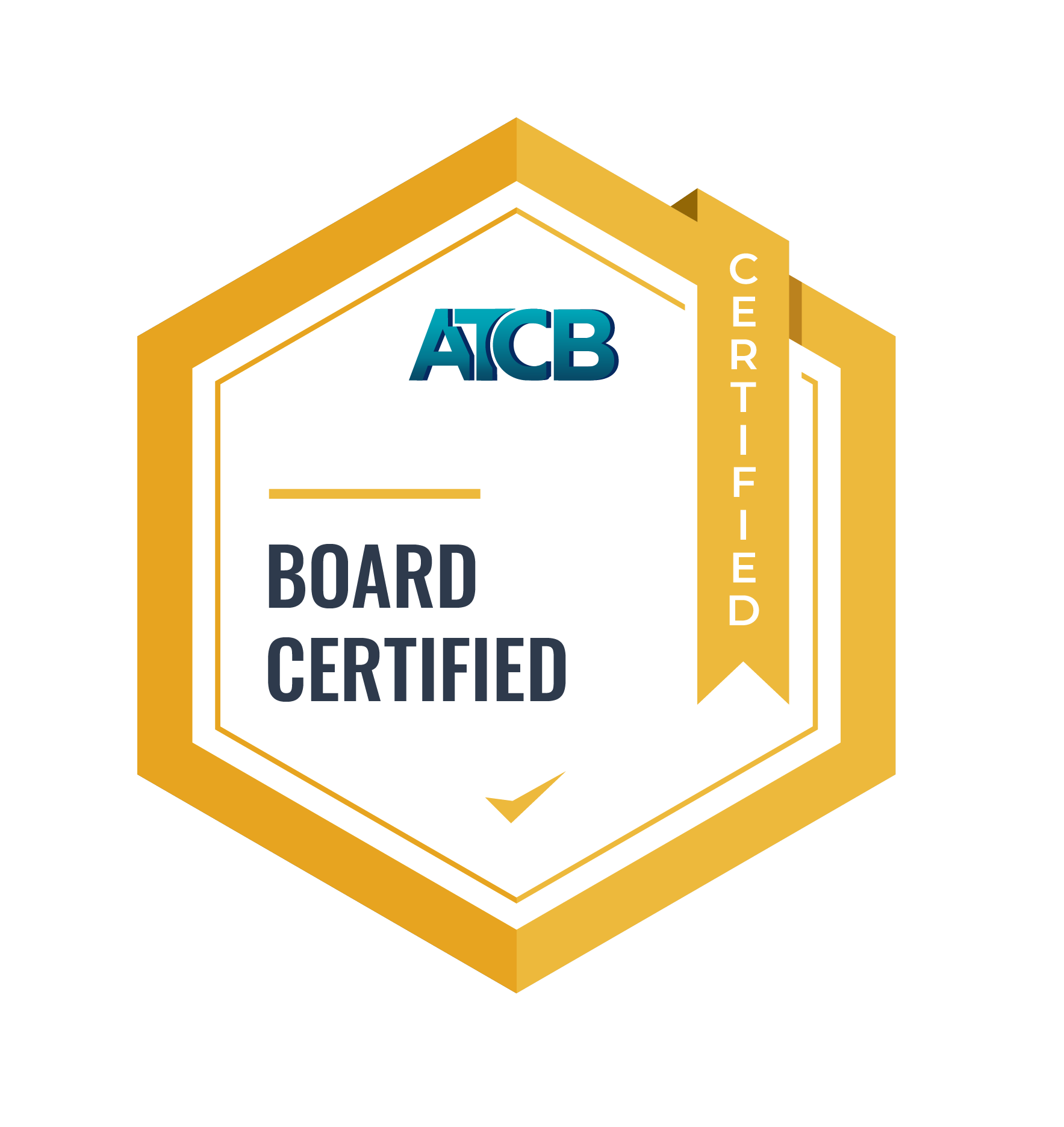 A gold and white badge award with the logo 'AICB' at the top, declaring 'Board Certified' and a vertical ribbon on the right side labeled 'CERTIFIED'.