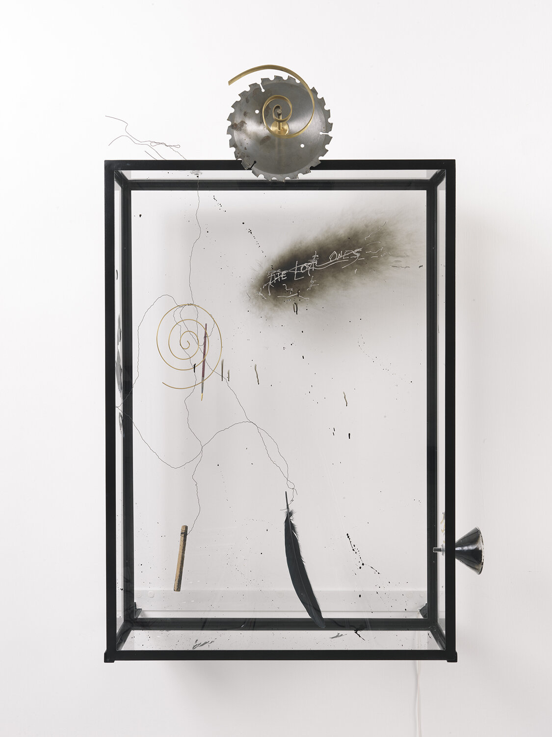 The Lost Ones, Samuel Beckett, 2015, glass surface treated with flaming, steel, glass funnel, brush, saw blade, feather, wood, electronic device, brass, wire, 116 x 77 x 31 cm
