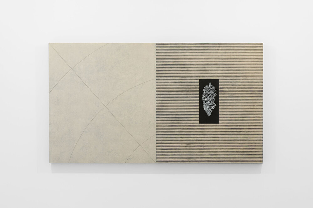 Corpi fragili, 2014, mixed media on canvas and wood, 120 x 214 cm