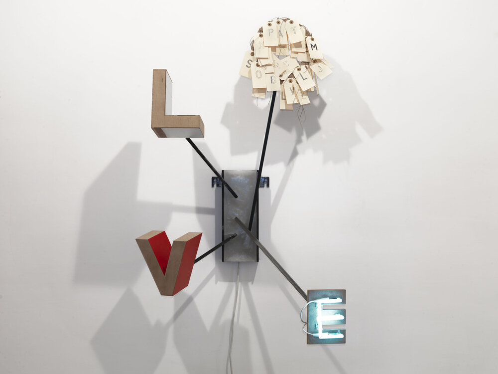 Love, 2011, steel, wood, wax, cardboard, neon, 120 x 83 x 44 cm