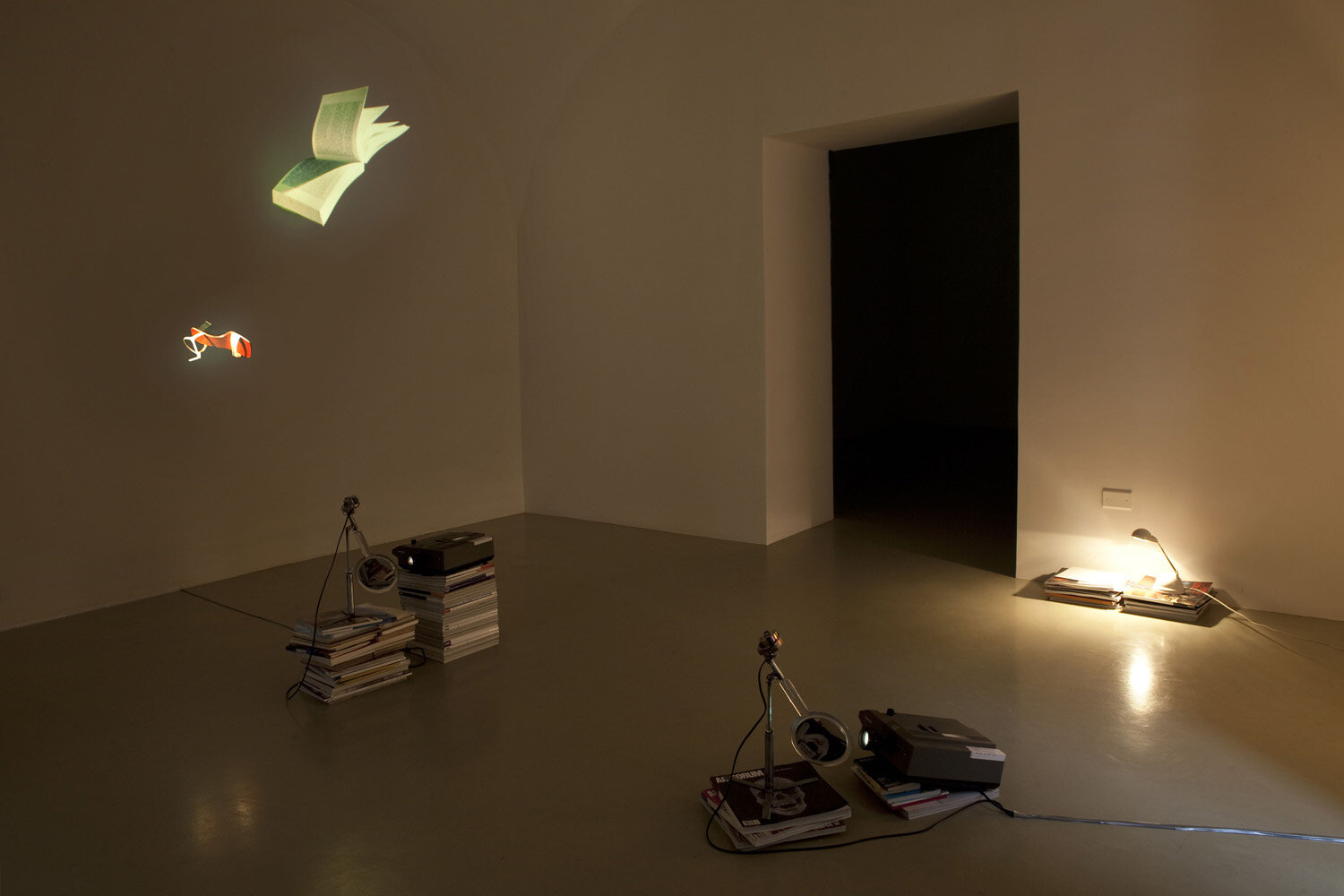 Flying Mirror: shoe, 2009, slide installation with a turning handmirror, ed. 1/1, rotating motor 1 r.p.m. attached to a stative and a hand mirror, books, shelf, videoprojector PAL