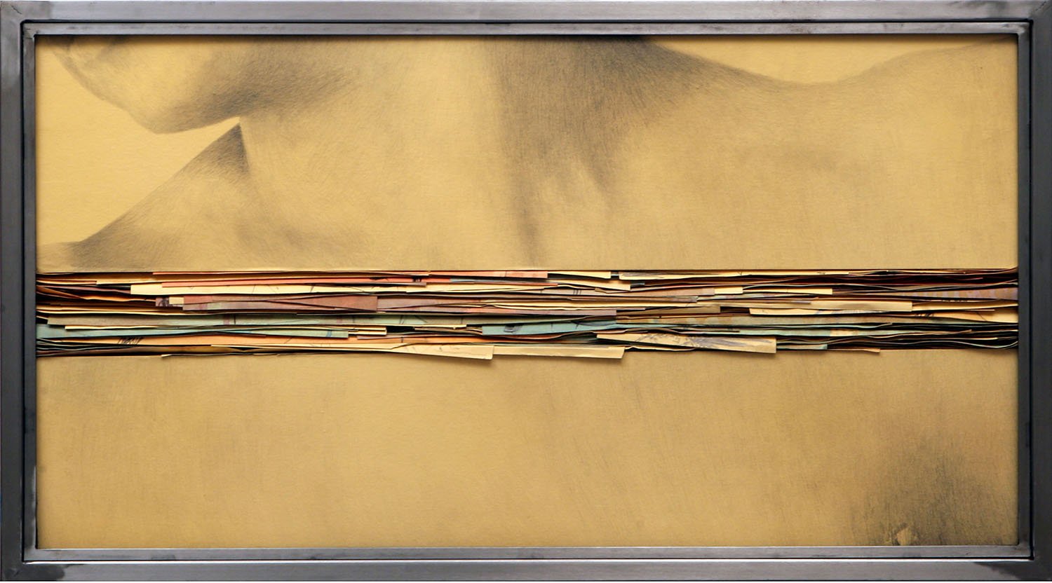 Untitled, 2008, graphite and mixed media on paper on wood, steel, glass, 50 x 90 x 7 cm