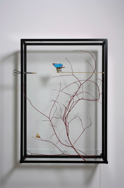3. Blue Protection, 2007, metal device, glass, butterfly, branch, gold leaf, 100 x 70 x 20 cm.jpg