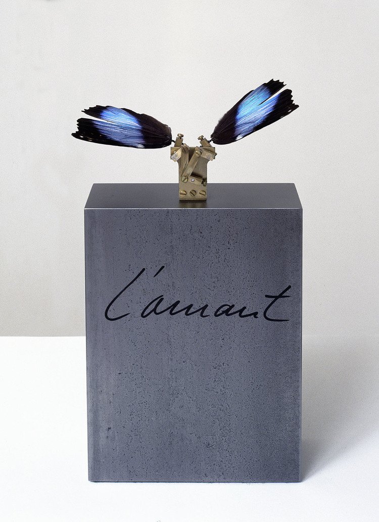 5. Lover, 2003, butterfly wings, steel, brass, electronic device motor, transparent cover, 145 x 35 x 35 cm.jpg