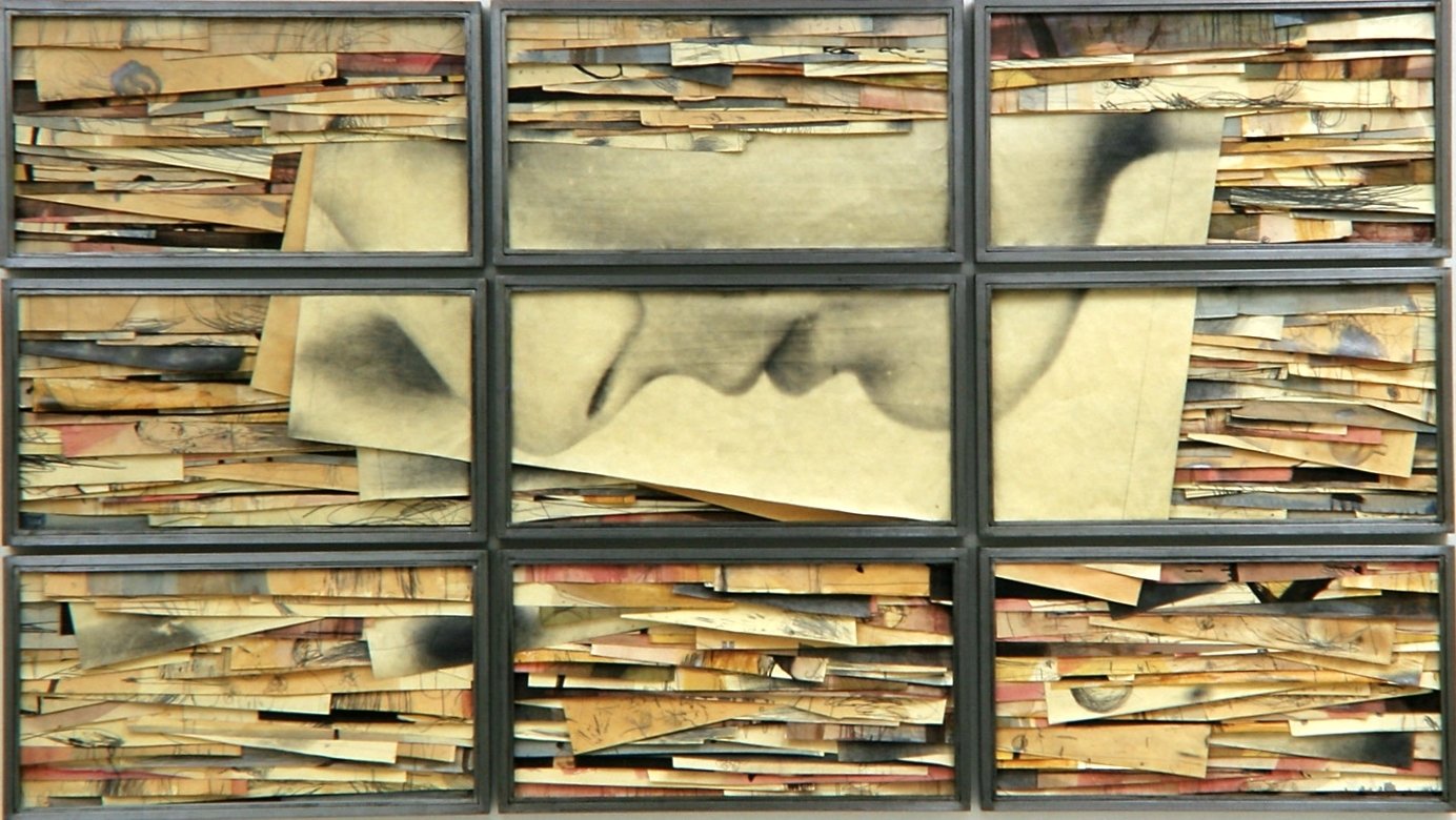3. Untitled, 2000, polyptych of 9 elements, mixed media and photographic emulsion on paper, steel and glass, 150 x 270 cm.jpg